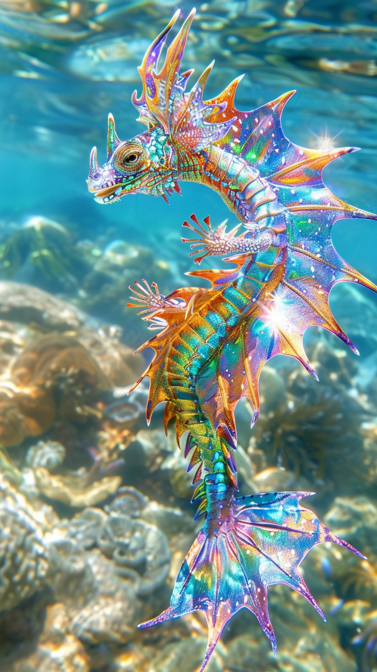 Sea dragon scales iridescent with all colors, bright fins, long tail in clear sea water, beautiful algae, contour lighting, high quality photography