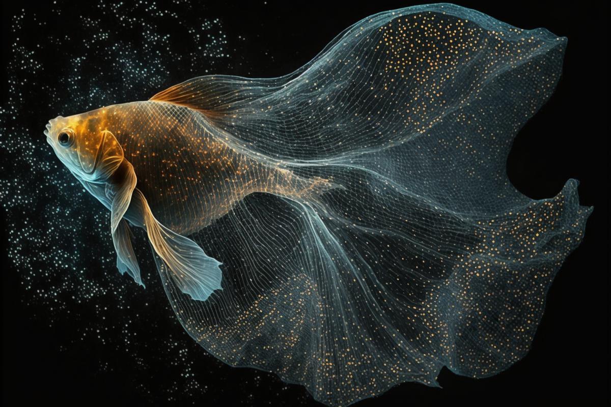 Goldfish veil fins made of delicate thin lace with gentle tints of color, swimming along the Milky Way, contrasting lighting, mystery and splendor of contemplation