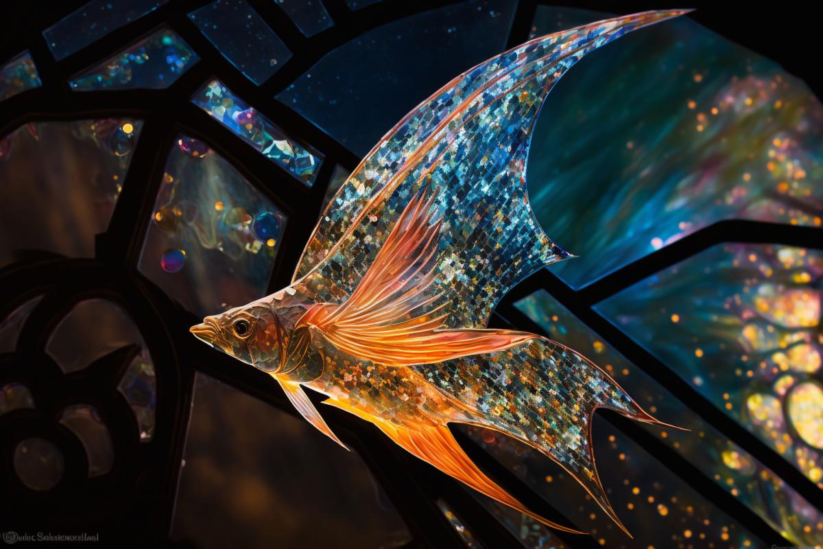 Goldfish veil fins made of delicate stained glass with gentle tints of color, swimming along the Milky Way, contrasting lighting, mystery and splendor of contemplation