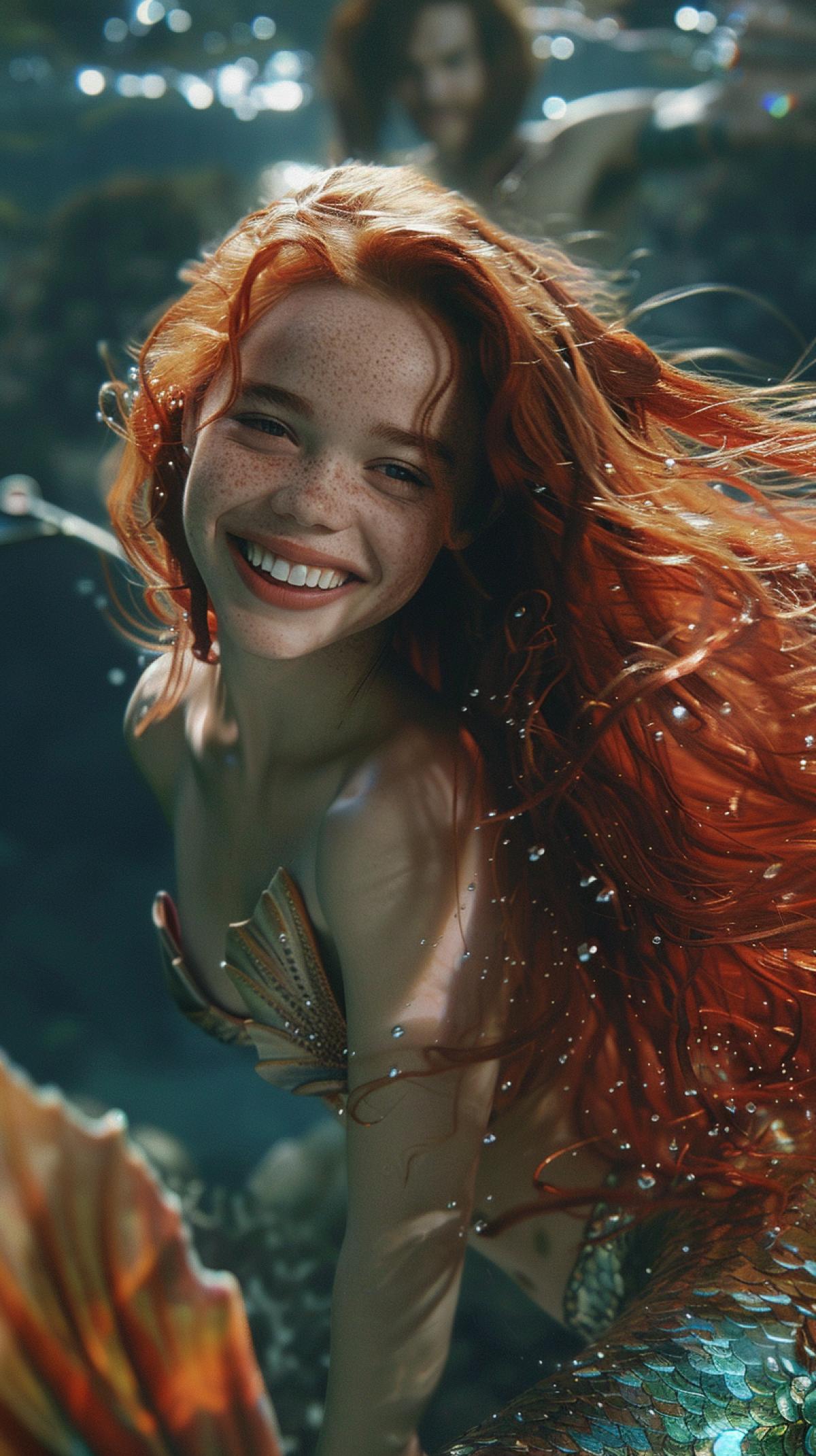 In the foreground, a young mermaid smiles at the camera, long red hair, iridescent scales on her tail, bright fins, a long tail in clear sea water, in the background Aquaman with a trident, beautiful algae, shells, contour lighting, high quality photography