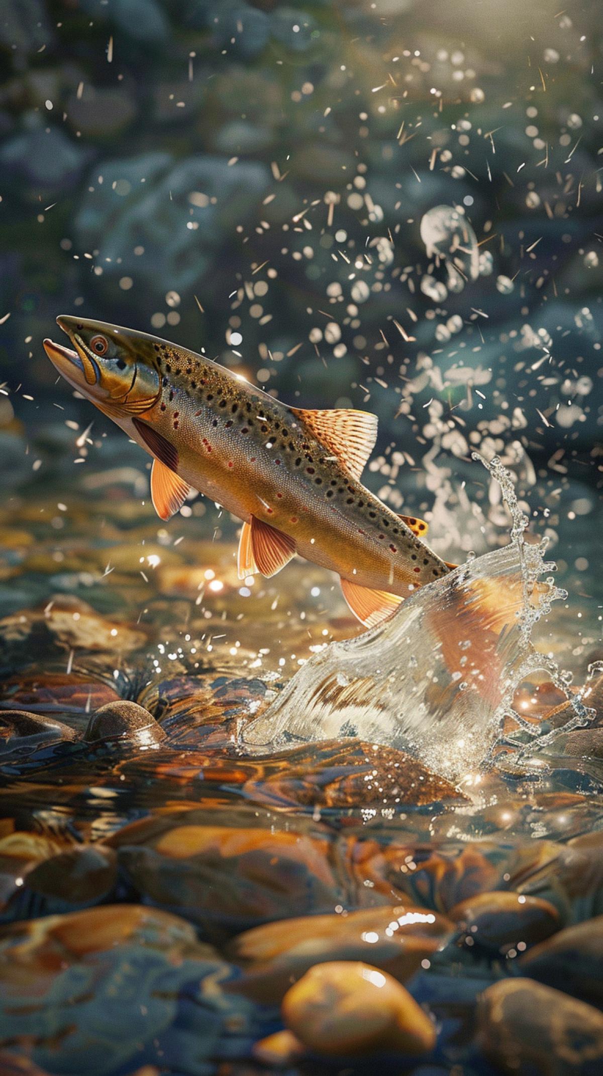 Trout, shimmering in the sun, jumps out of a mountain stream with clear water, dynamic lighting, sparkling splashes of water.