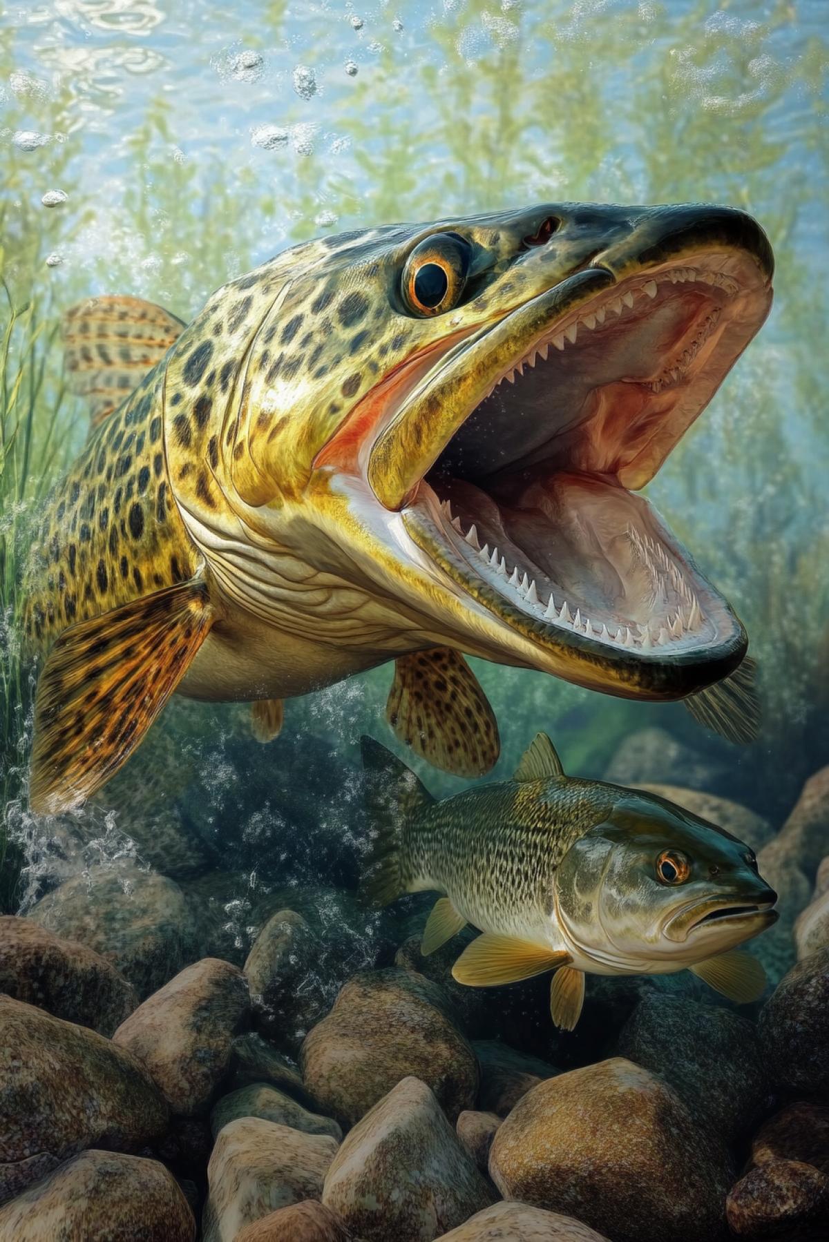 Ultra realistic pike underwater, with large teeth open, crucian carp in front of the pike. The background is made of pebbles, on which there will be splashes of water and green vegetation.
