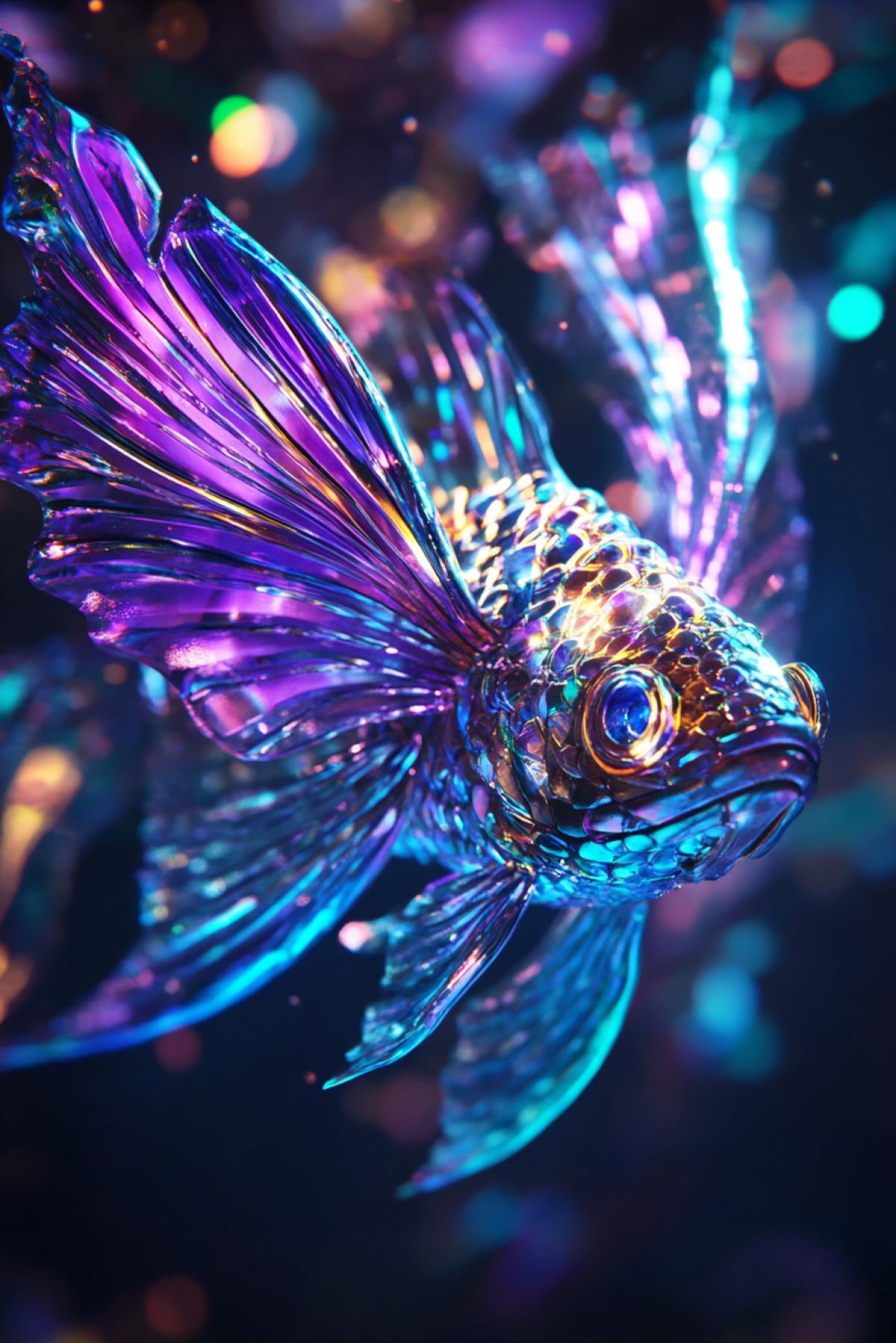 Still from a science-fiction film, A big fish with a made of iridescent crystals, fins in the form of butterfly wings, bright neon shades purple, aquamarine, gold, glowing spiral on the sides, deep-sea dark environment, mystical glow, background of twinkling stars of underwater space, atmospheric effect, feeling of extraterrestrial magic, blurry movements.