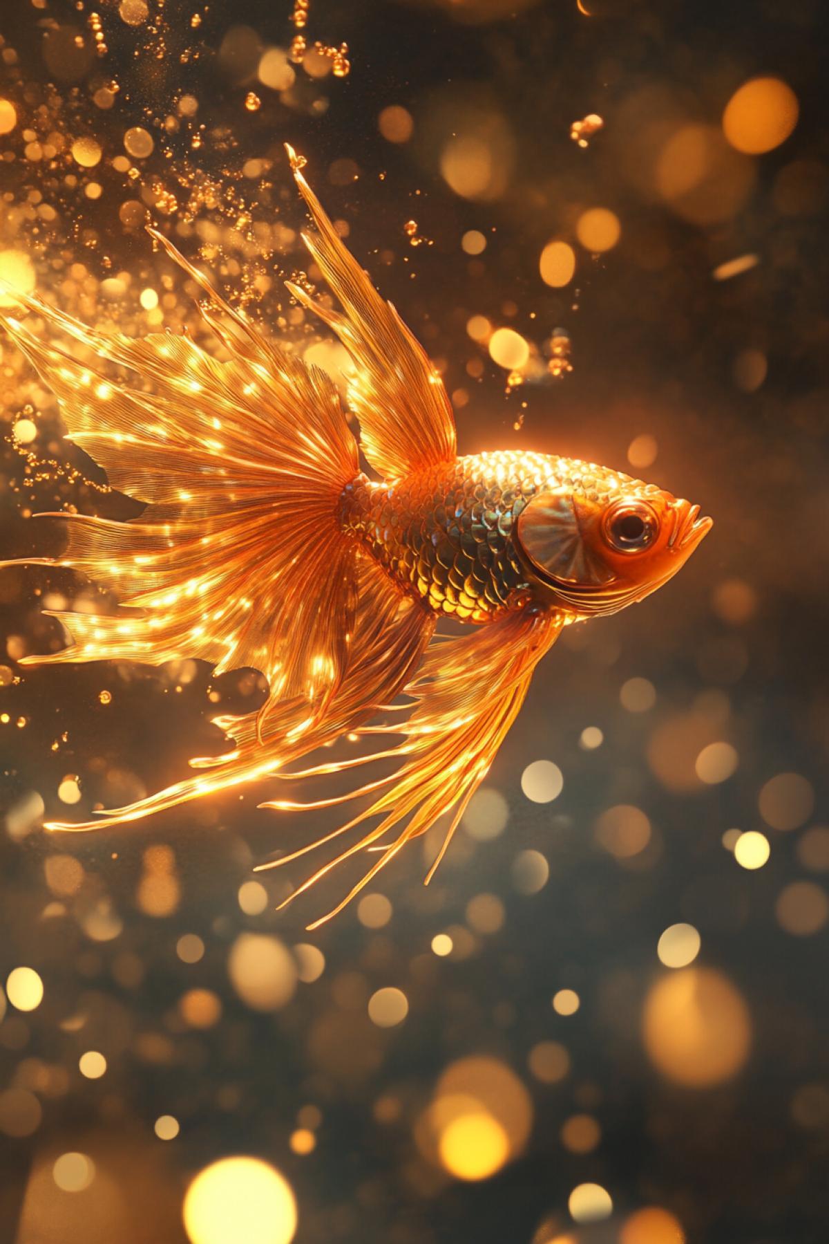 A still from a science-fiction film, a Fish with a consisting of flickering liquid plasma, rainbow shimmers on the surface, fins in the form of flames, the environment is an underwater world of flying islands and transparent spheres, a warm glow, glare of light playing on the water, golden sand in the background , deep mystical shade of water, movement reminiscent of dance, fabulous atmosphere, fantasy texture.