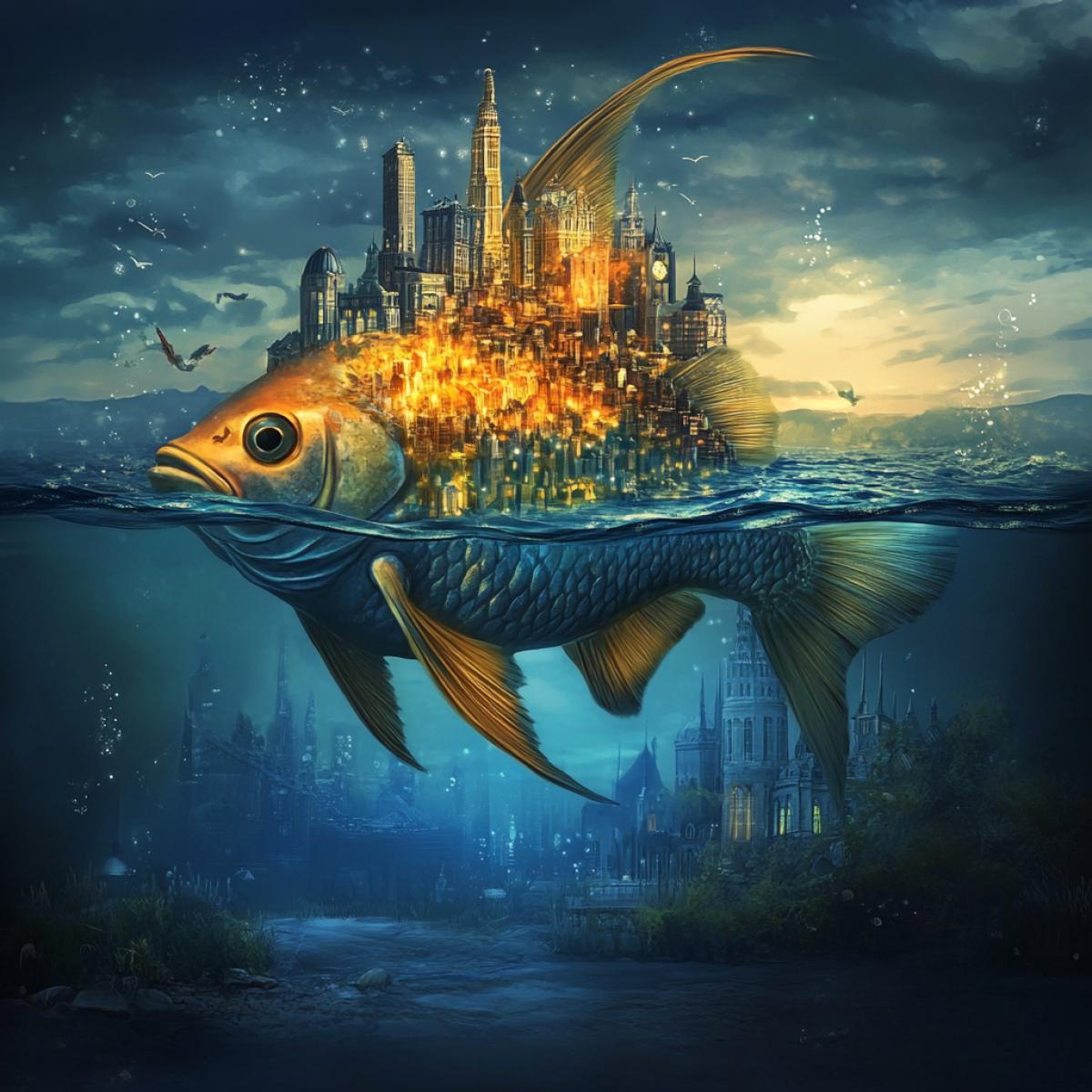 Unusual fantastic fish from myths with a long , , inside the fish there is a city, in water in the sea, glow under water, high quality, surrealism