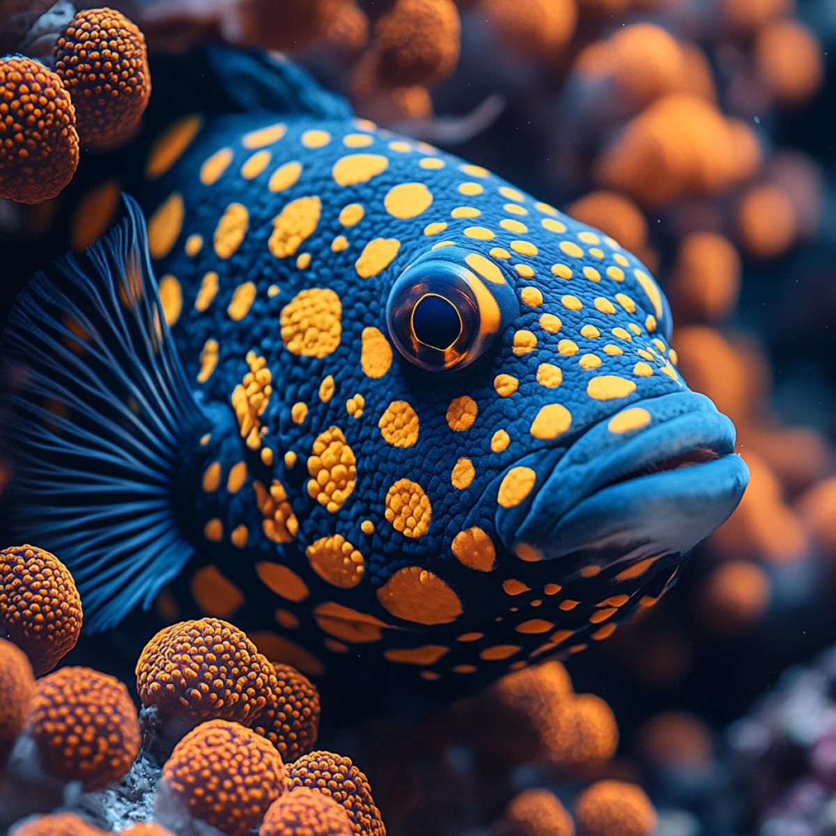 fantastic deep sea fish with luminescent patterns on the sides, very beautiful, unusual, surrounded by glowing air bubbles, surrounded by dark sea water