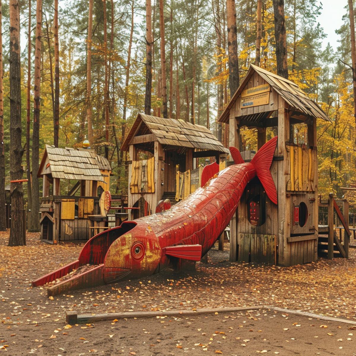 childrens slide in the shape of a big fish on a childrens playground, children play and slide down it