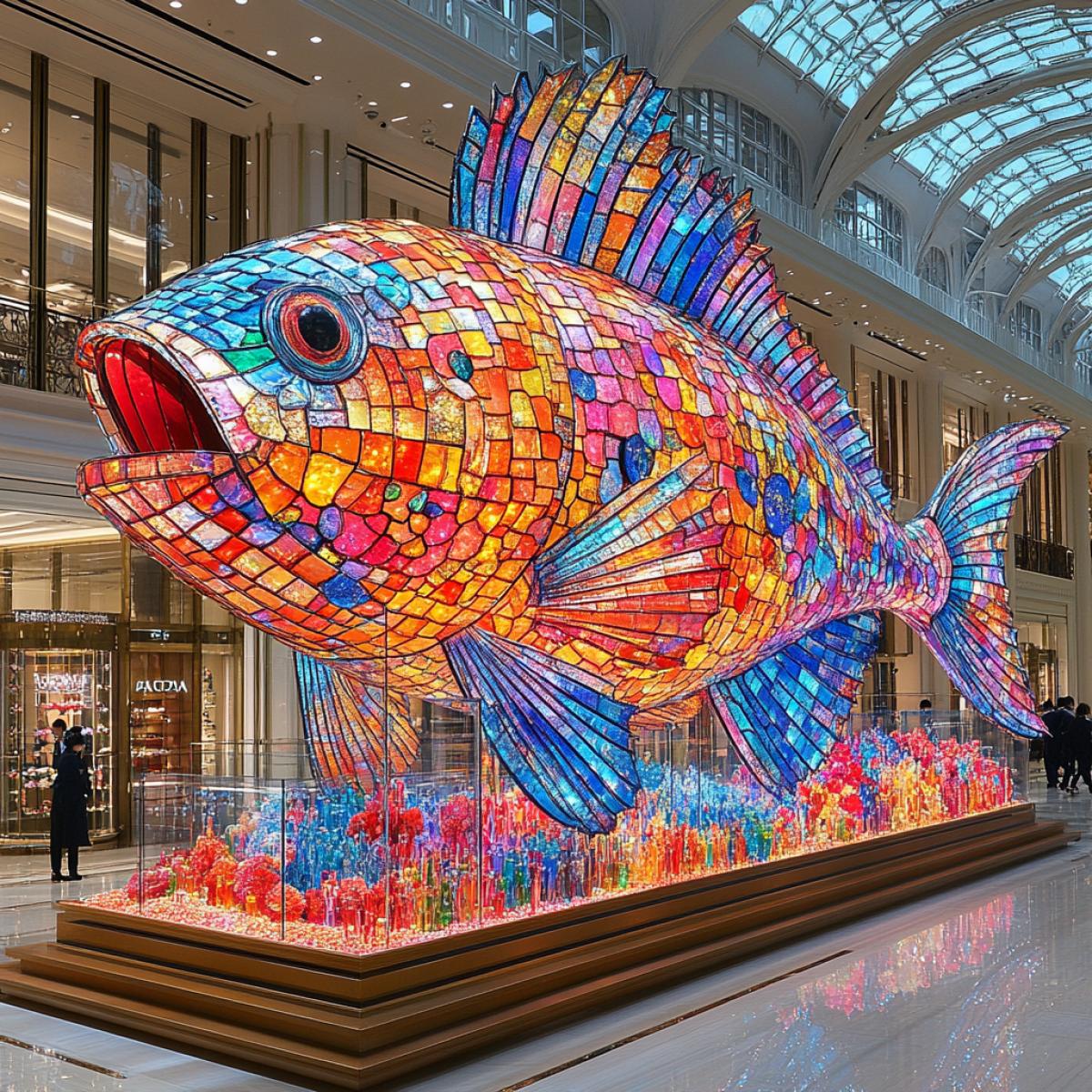 glass bottle in the shape of a fish, inside half filled with sea water and precious corals and colored crystals, drops of colored glass on the outside on the fins, exhibition sample, in a luxurious interior, masterpiece, high quality photo, 8K