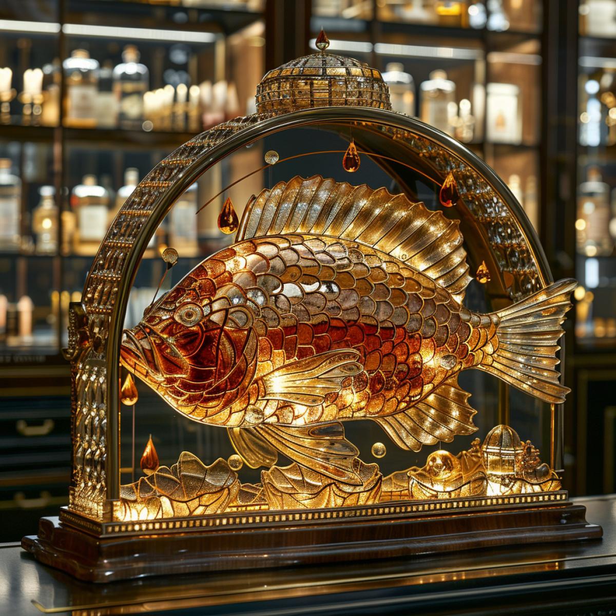 glass bottle in the shape of a fish, inside half filled with sea water and a floating island with green plants, drops of colored glass on the outside on the fins, exhibition sample, in a luxurious interior, masterpiece, high quality photo, 8K