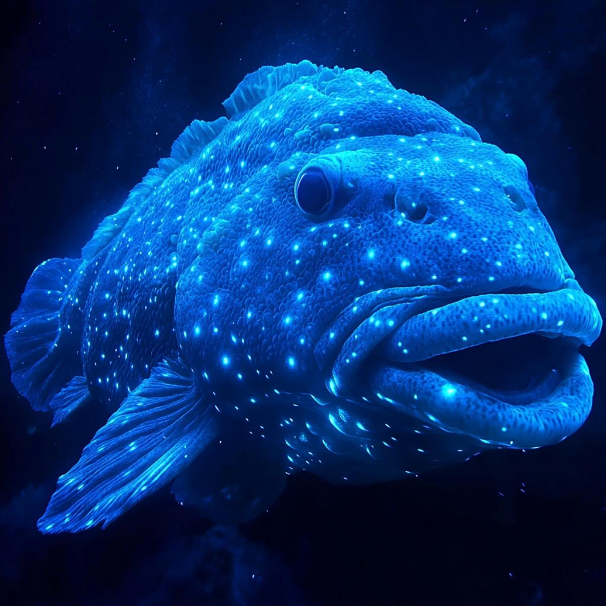 fantastic deep sea fish with luminescent patterns on the sides, very beautiful, unusual, surrounded by glowing air bubbles, surrounded by dark sea water