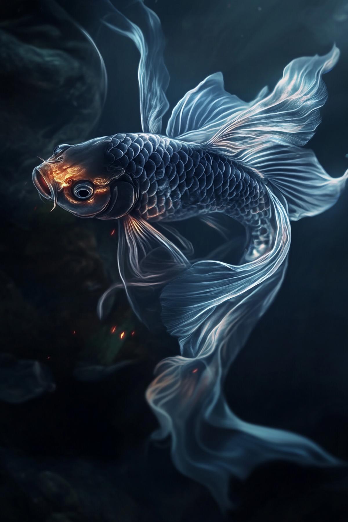 dark unusual Fish with flickering scales, psychedelic, fairy-tale creature, mythical creature, water, flickering, realistic image, photoshop