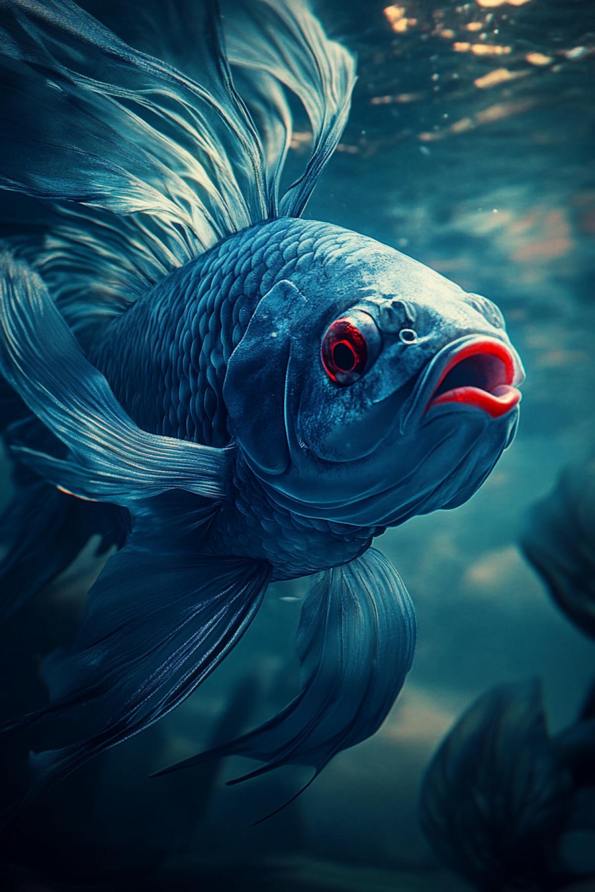 Blue unusual Fish with red lips, fairy-tale creature, mythical creature, water, flickering, realistic image, photoshop