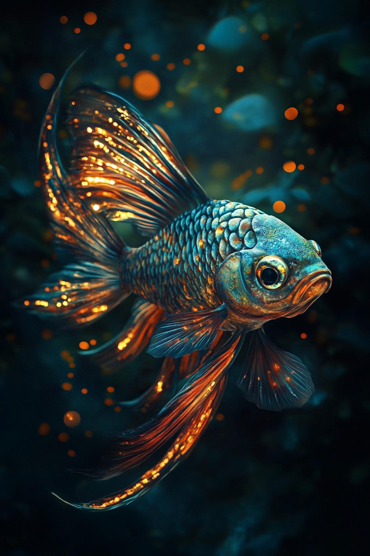 dark unusual Fish with flickering scales, psychedelic, fairy-tale creature, mythical creature, water, flickering, realistic image, photoshop