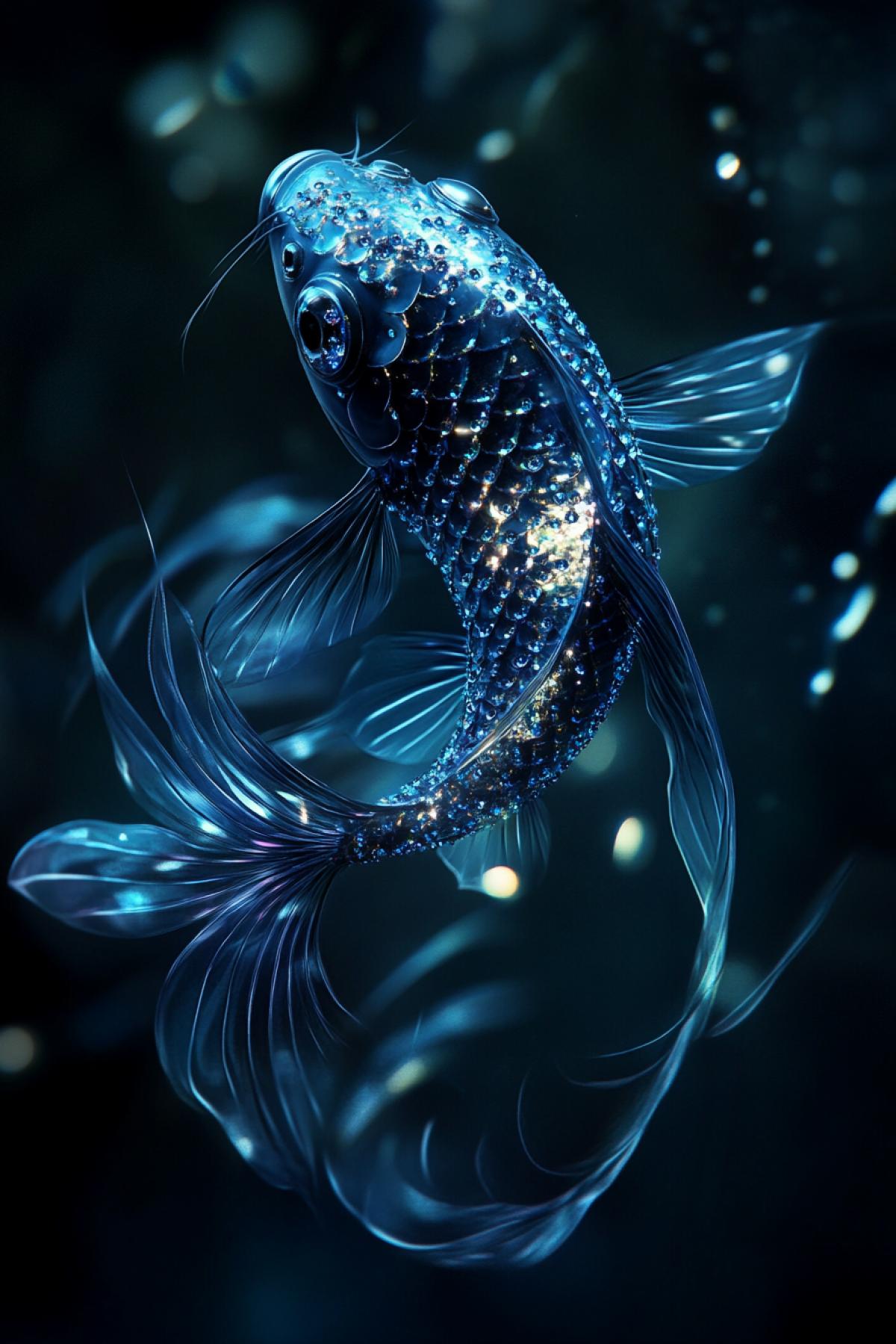 unusual Fish, with dark shimmering scales in rhinestones, mythical creature, water, flickering, realistic image, photoshop