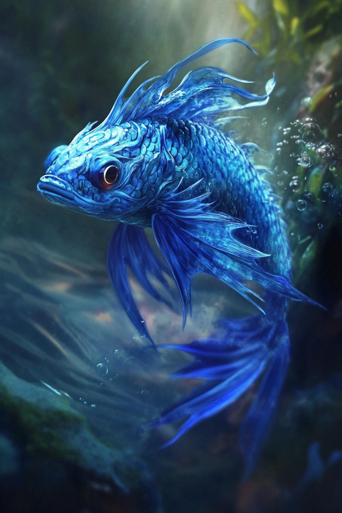 Blue unusual Fish, fairy-tale creature, mythical creature, water, flickering, realistic image, photoshop