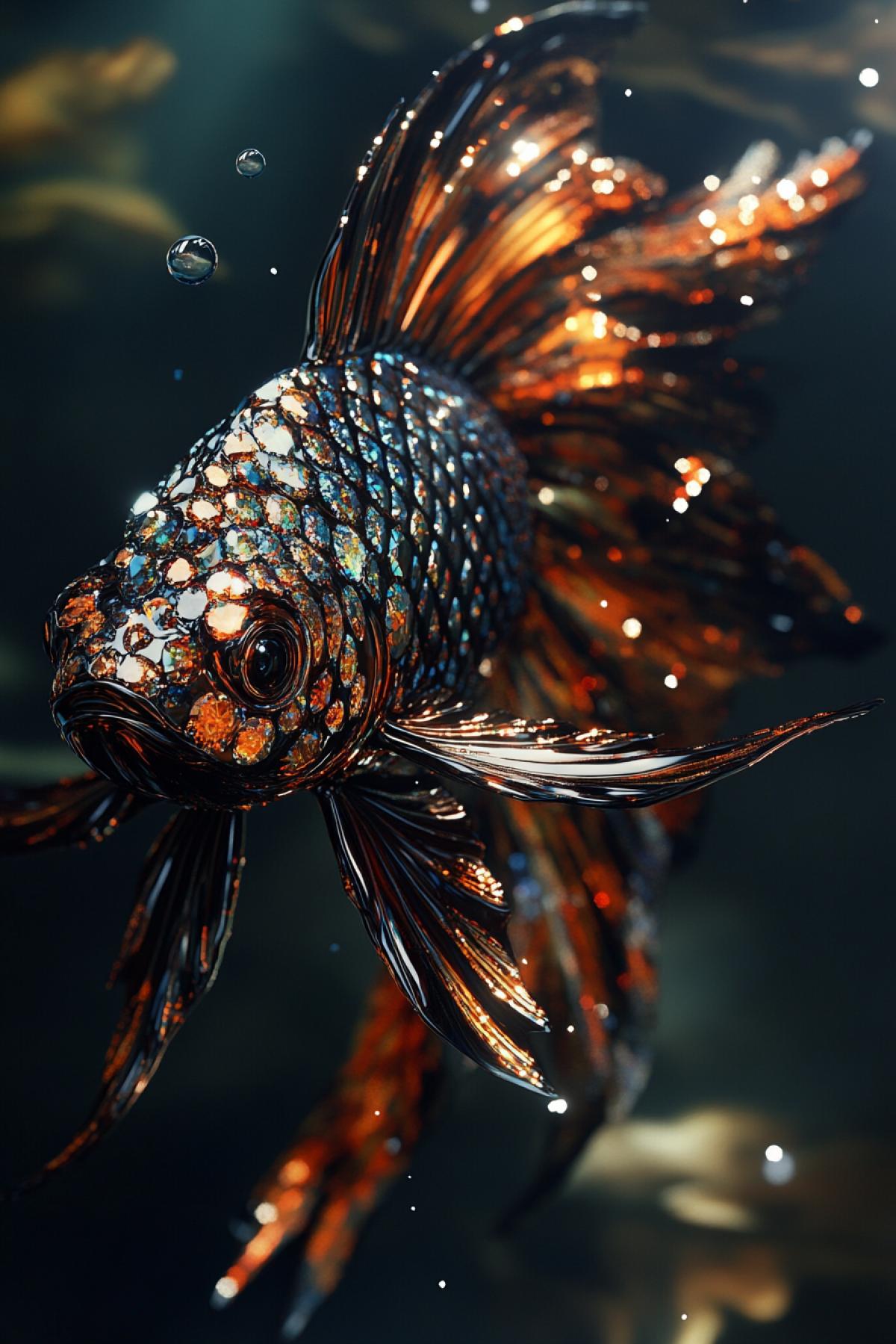 unusual Fish, with dark shimmering scales in rhinestones, mythical creature, water, flickering, realistic image, photoshop