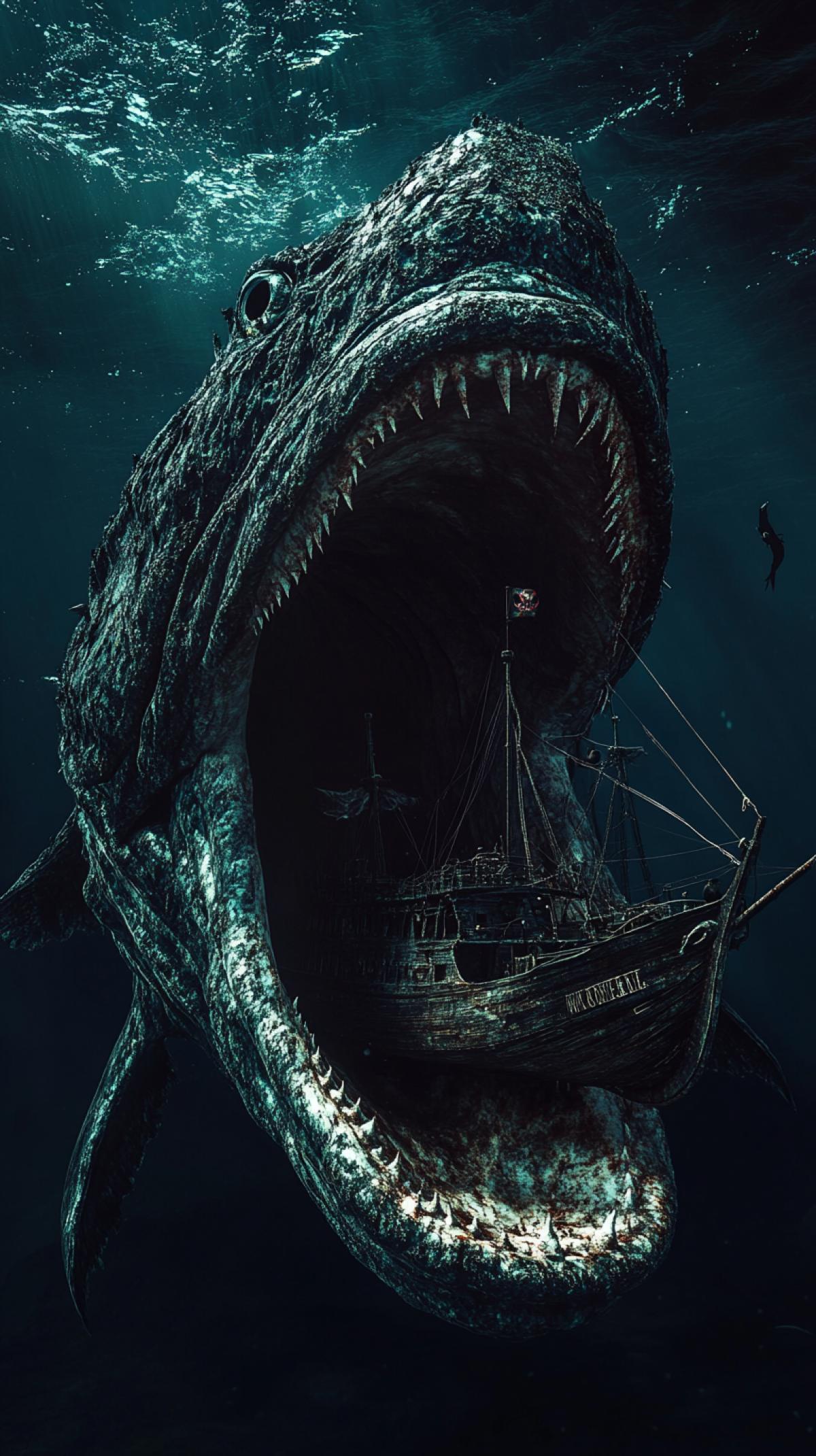 big monster fish, monkfish. In the dark waters of the ocean. Open mouth. She swallows a pirate ship. The ship is in its mouth. Atmosphere of horror, horror. Realism. Dramatic colors