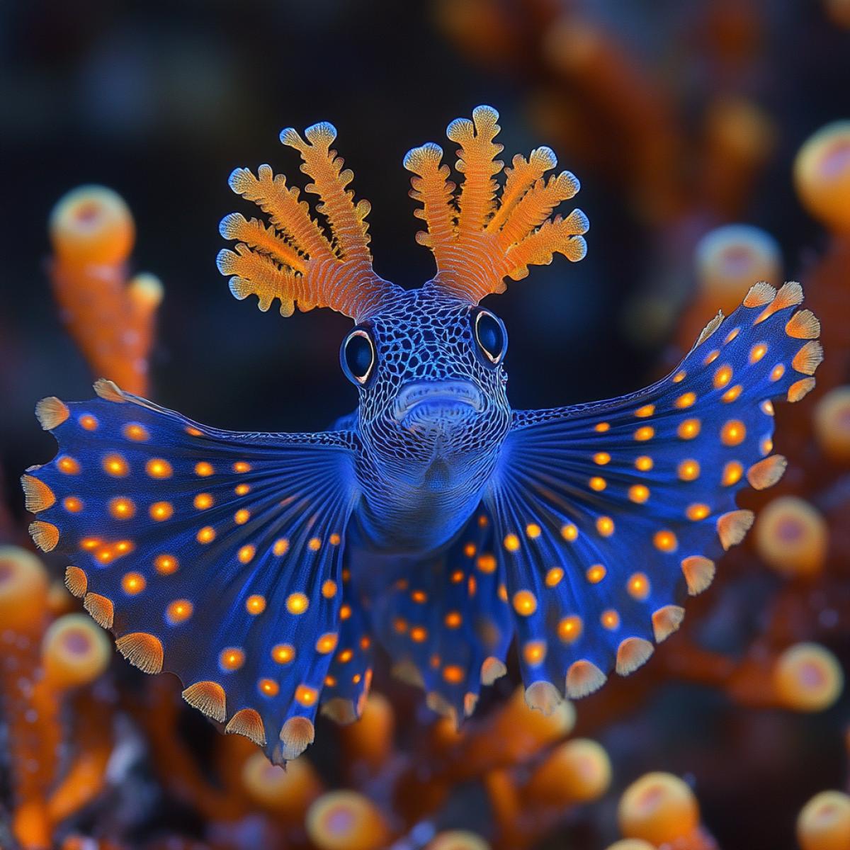 fantastic deep sea fish with luminescent patterns on the sides, very beautiful, unusual, surrounded by glowing air bubbles, surrounded by dark sea water