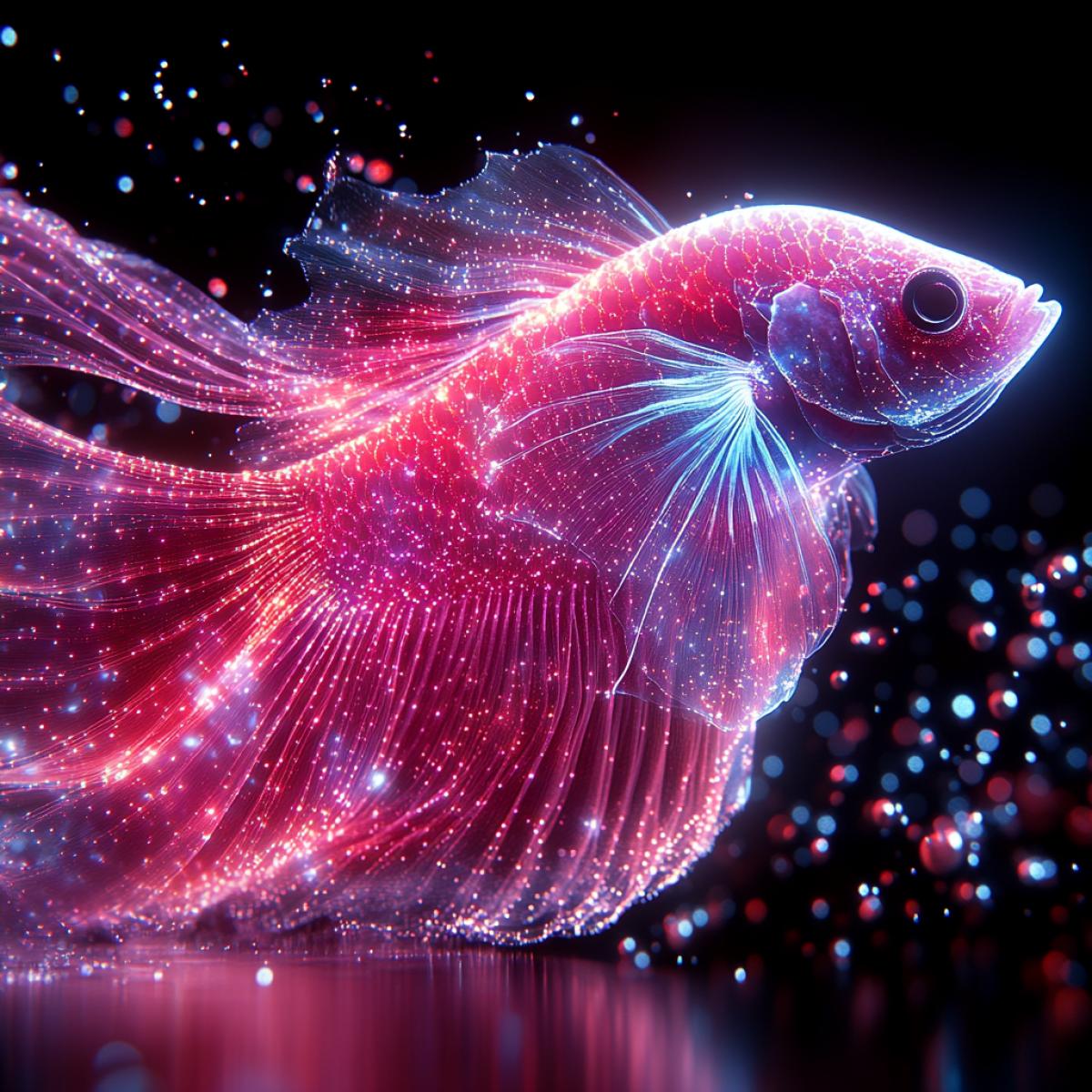 fantastic deep sea fish with luminescent patterns on the sides, very beautiful, unusual, surrounded by glowing air bubbles, surrounded by dark sea water