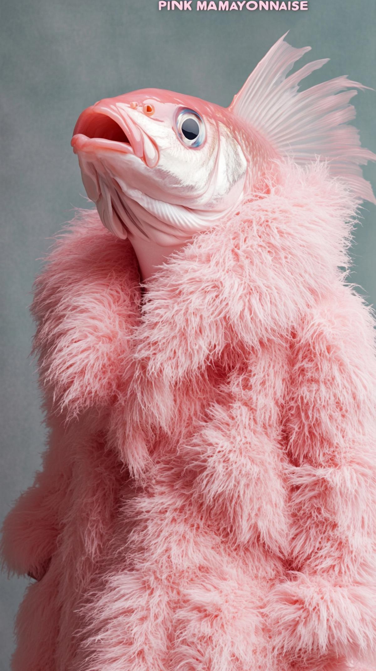 huianization, herring fish in a pink fluffy fur coat, pastel pink, glamorous photography for a fashion magazine, a fashion magazine, the cover of a fashion magazine with the name in large letters at the top with the text \" PINK MAYONNAISE \"