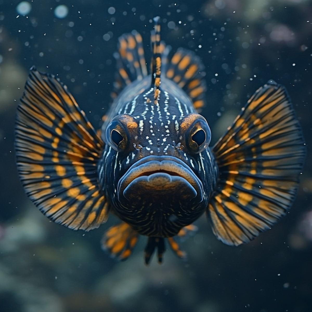 fantastic deep sea fish with luminescent patterns on the sides, very beautiful, unusual, surrounded by glowing air bubbles, surrounded by dark sea water