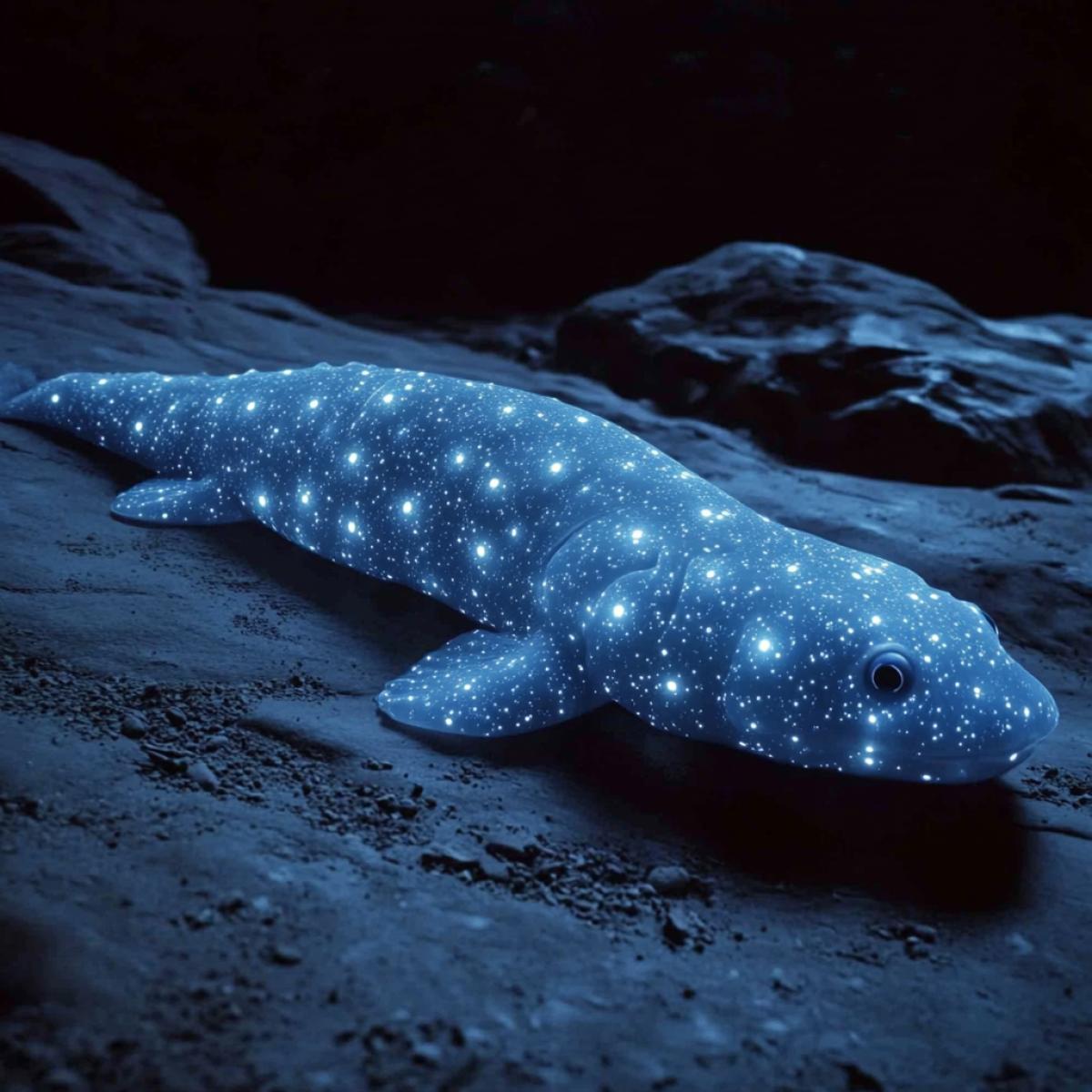 fantastic deep sea fish with luminescent patterns on the sides, very beautiful, unusual, surrounded by glowing air bubbles, surrounded by dark sea water