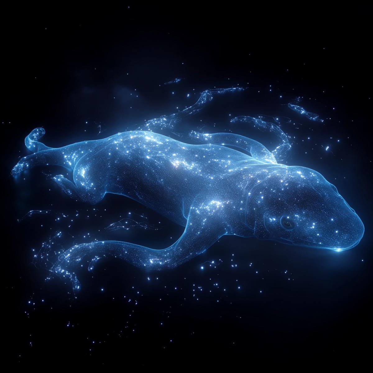 fantastic deep sea fish with luminescent patterns on the sides, very beautiful, unusual, surrounded by glowing air bubbles, surrounded by dark sea water