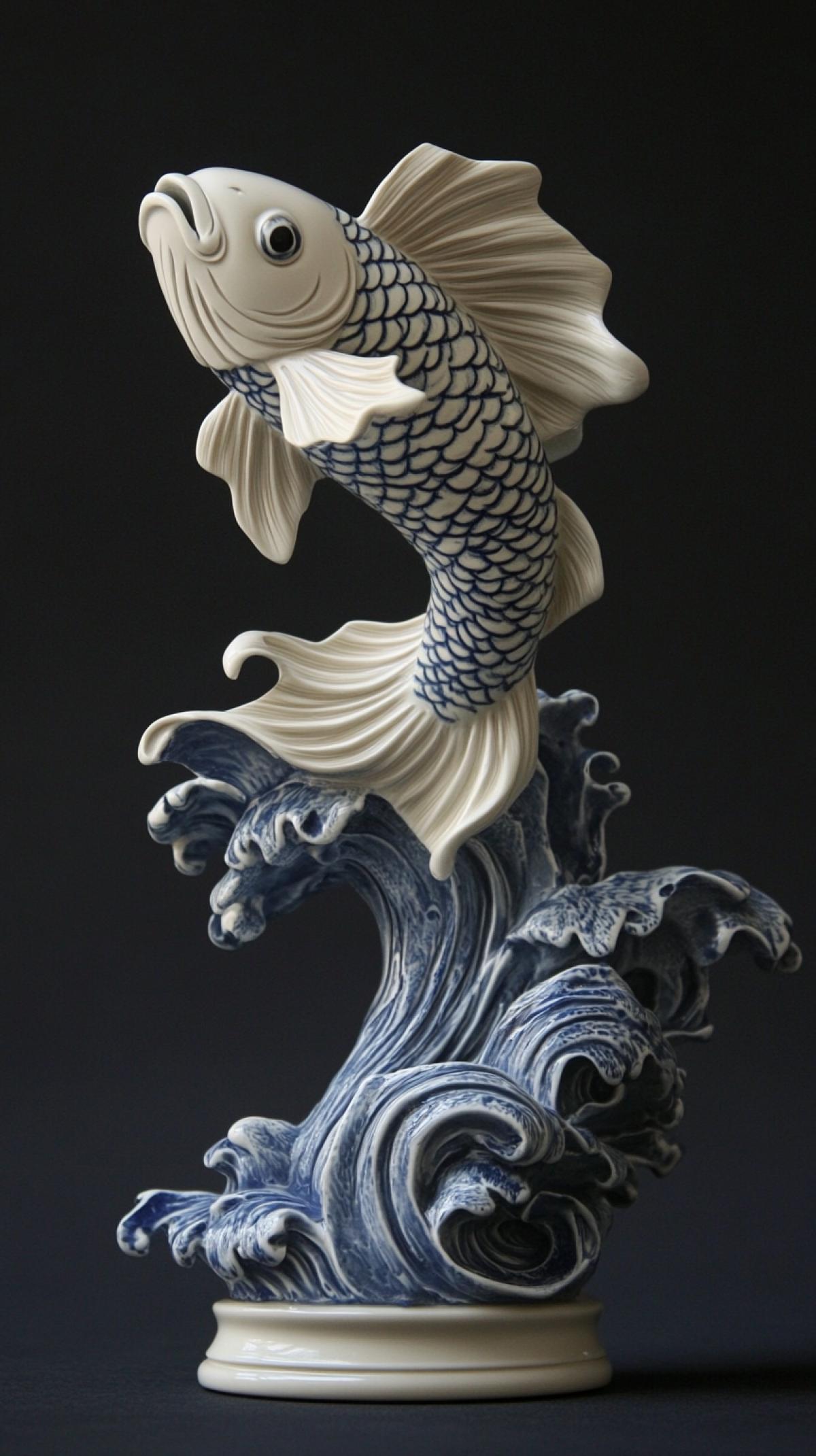 Sculpture. Porcelain fish with a pattern. On a pedestal in the form of a wave