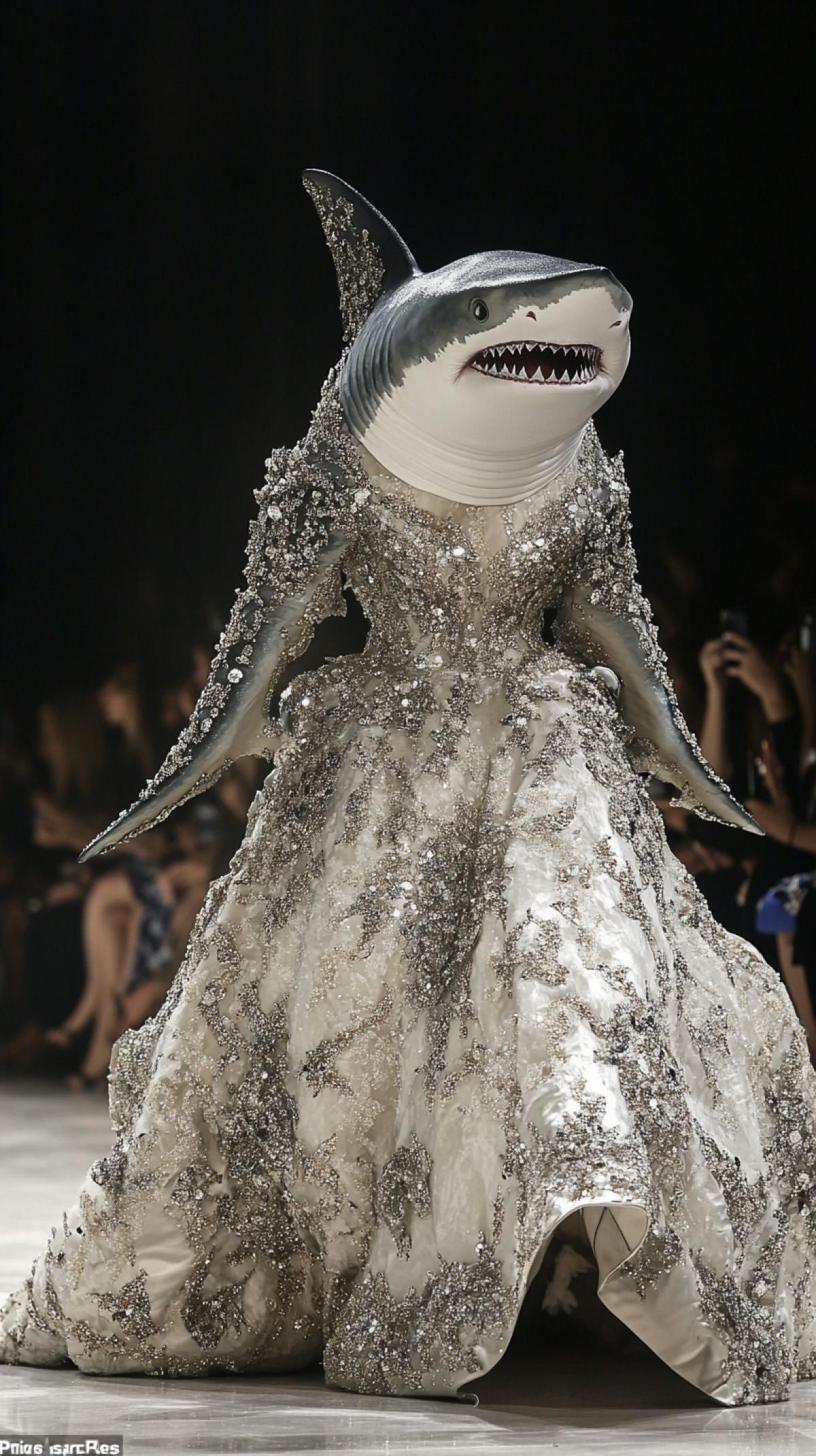 A two-legged shark walks down the runway at the Paris Fashion Week show in a long and extravagant dress embroidered with diamonds