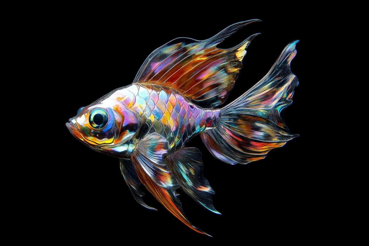Aquarium fish in the shape of an elf, multi-colored, bright, mother-of-pearl