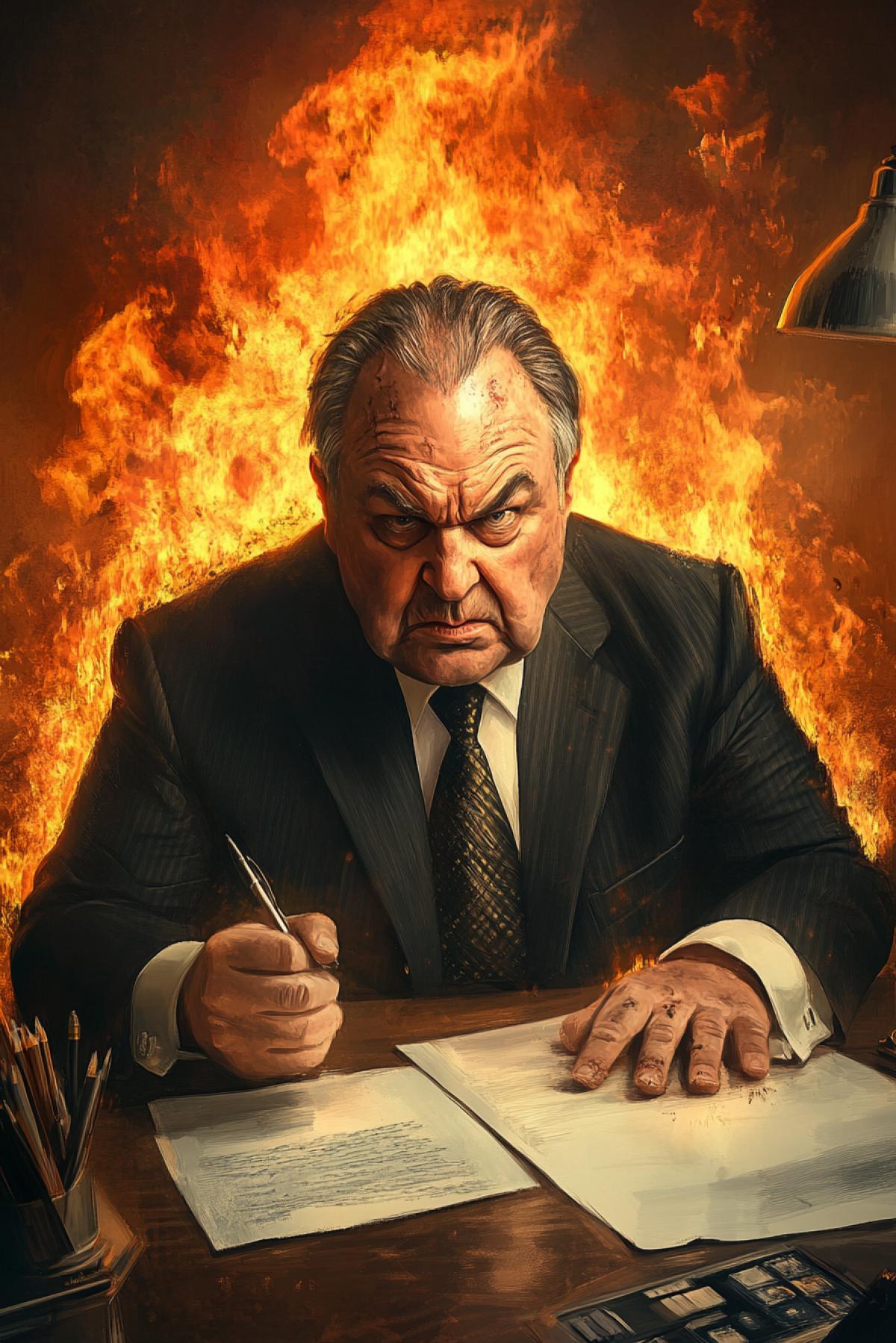 Menacing arrogant boss, white office, fire flames in the background, caricature, flickering, realistic image, photoshop