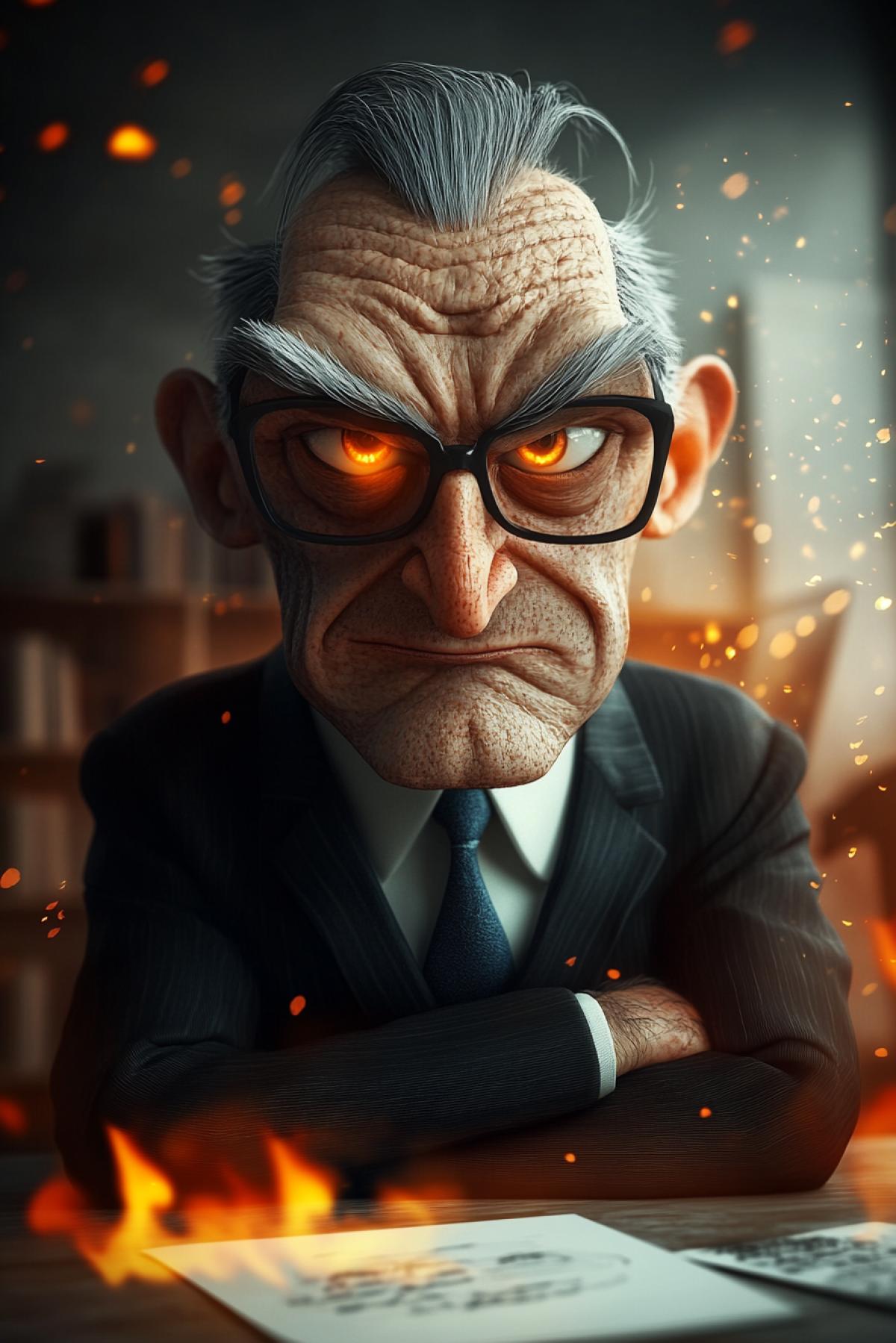 Menacing arrogant boss, white office, fire flames in the background, caricature, flickering, realistic image, photoshop