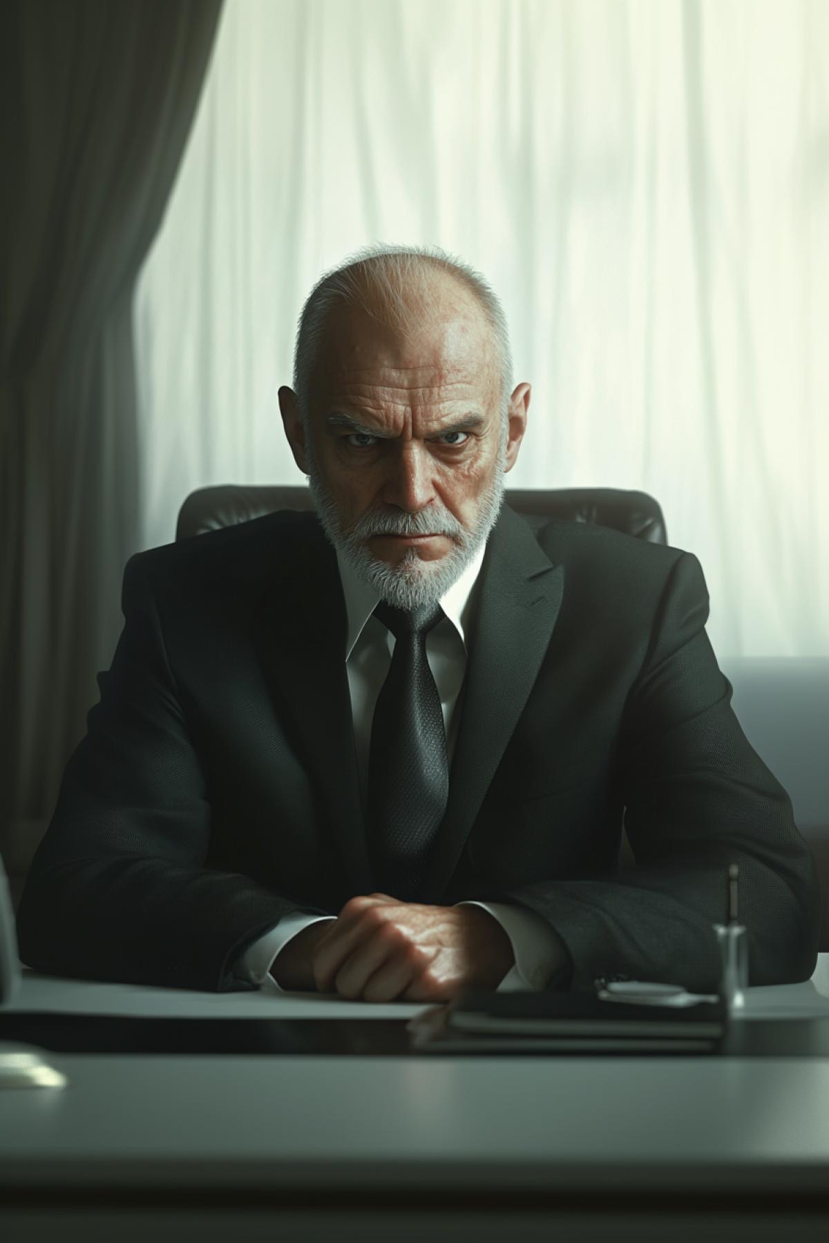 Menacing arrogant boss, white office, flickering, realistic image, photoshop