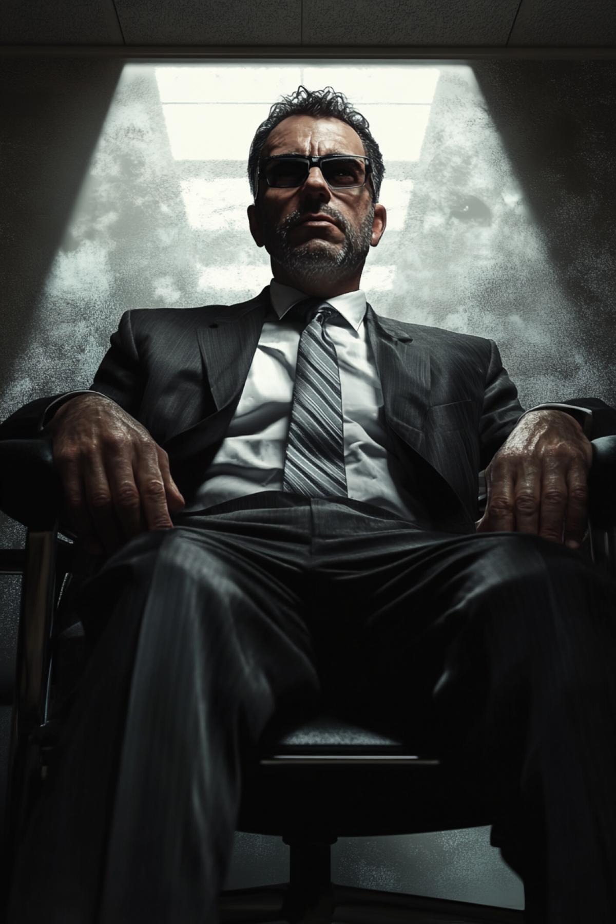 Menacing arrogant boss, white office, flickering, realistic image, photoshop