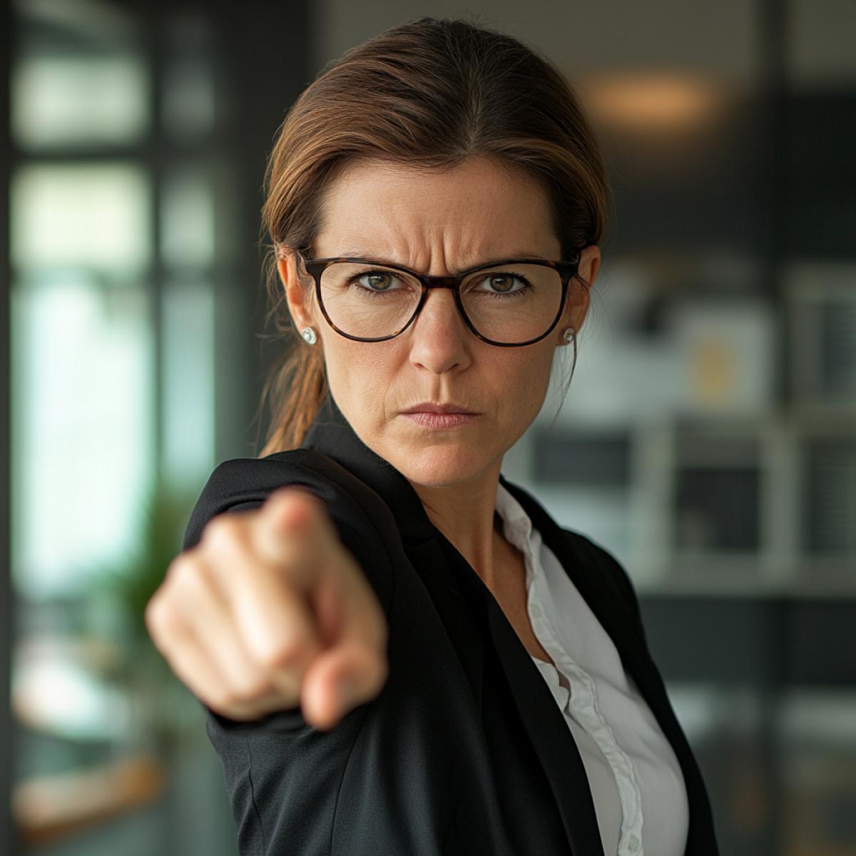 female director, stern look, points her hand to the door. Angry, angry, determined. In the background is a study, office
