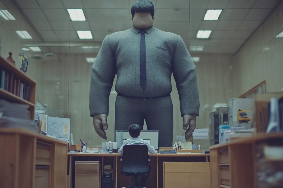 generate a strict boss of a large size over a small clerk