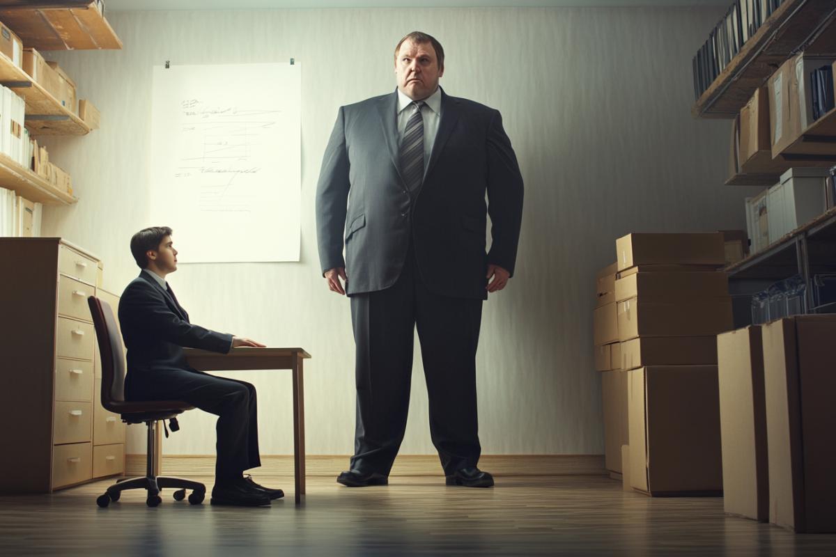 generate a strict boss of a large size over a small clerk
