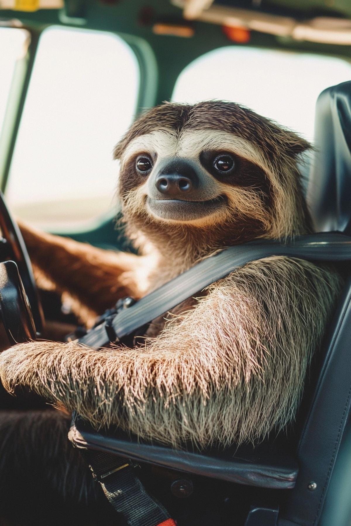 A contented sloth in a modern passenger airplane pilots uniform in the cockpit controls the airplane. Confidently holds the steering wheel of a flying airplane.