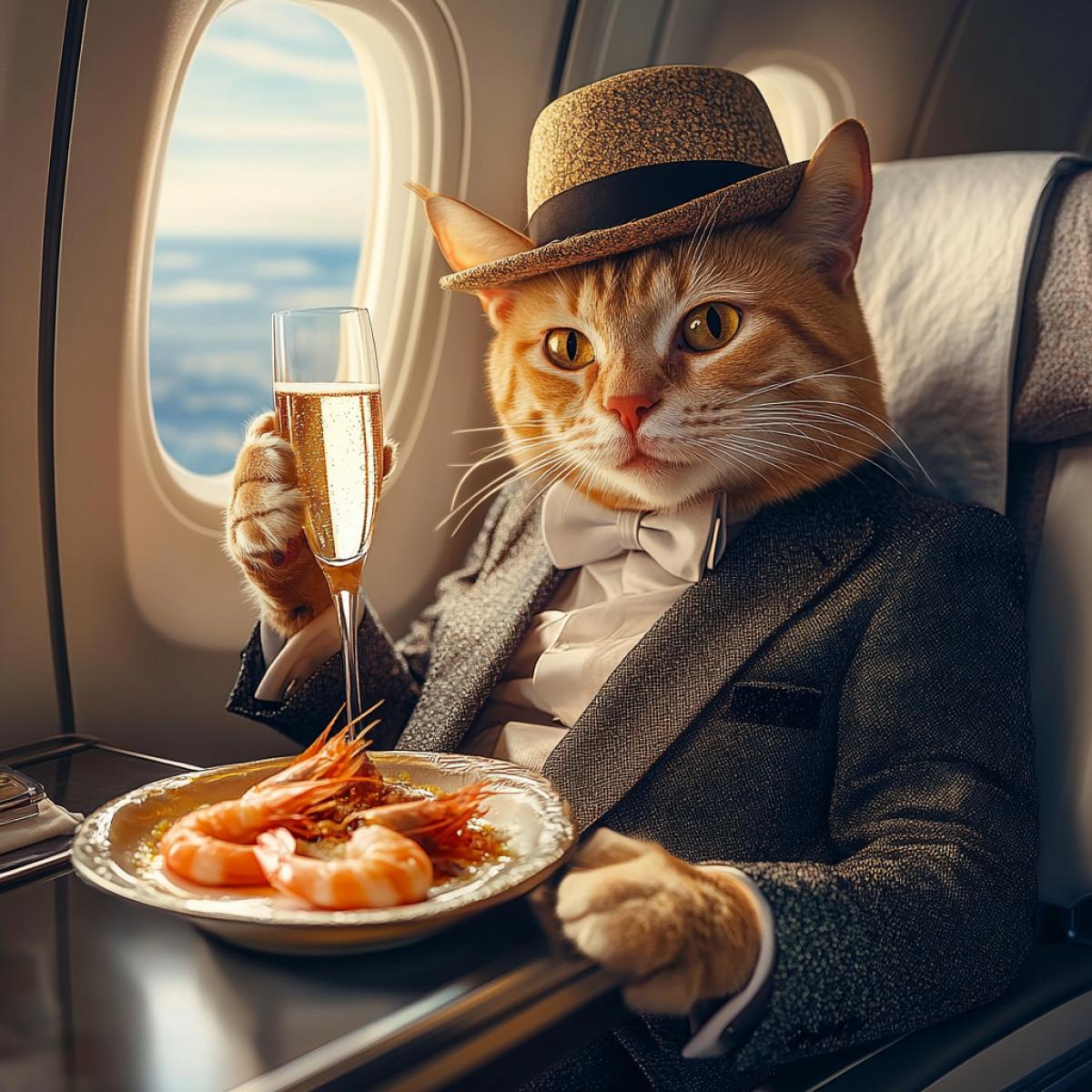 A cat sits on a plane in business class, wearing a hat and a classic suit, holding a glass of champagne in his paw, and a dish with shrimp on the table. Surreal, high quality photo