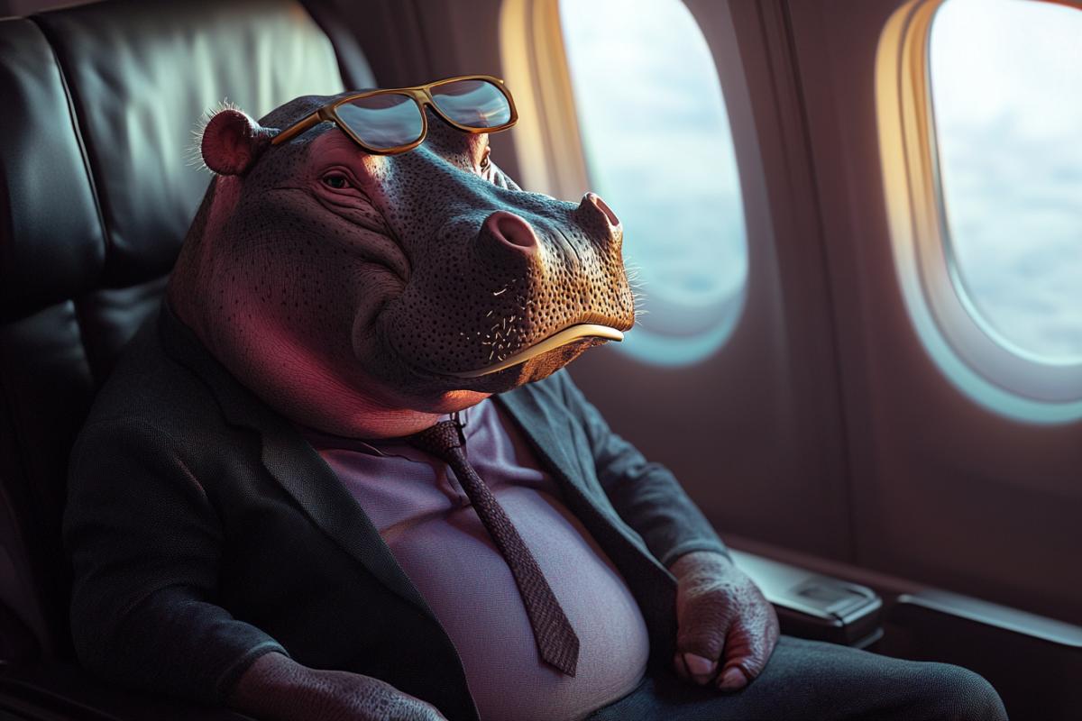 business hippo on an airplane