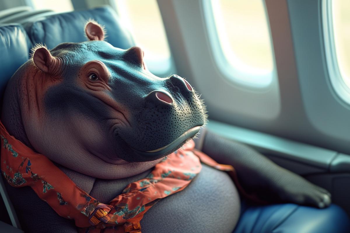 business hippo on an airplane