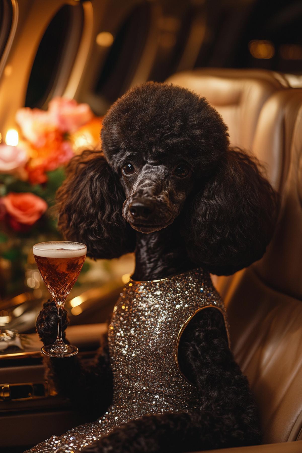 Humanized dark poodle dog in a chic shiny dress and a glass of cocktail, in an airplane cabin with a rich interior, cinematic evening candle light, flowers, looking directly at the viewer, high quality