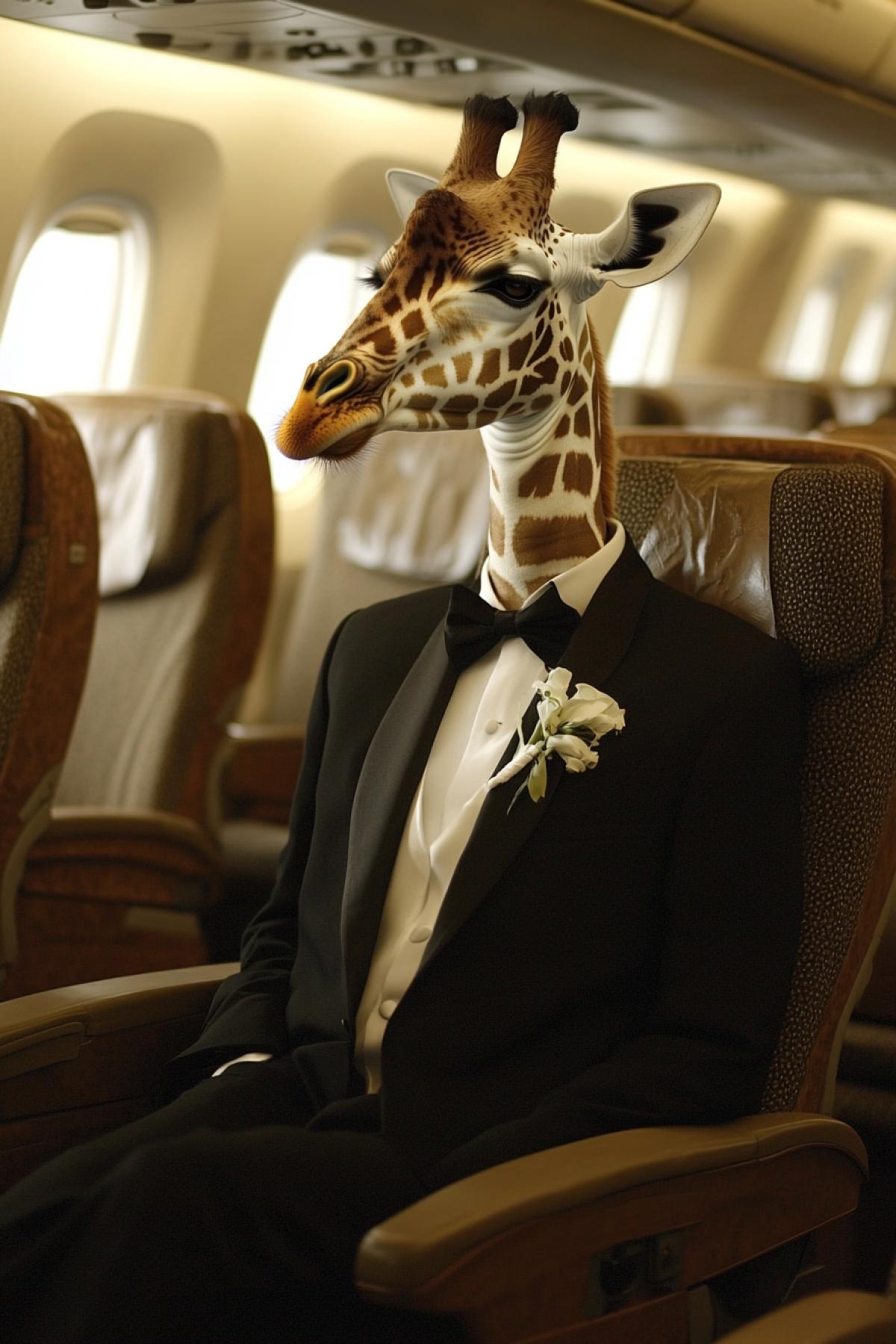 A giraffe on an airplane sits in the passenger seat dressed in a tuxedo. Theres not enough room for him on the plane