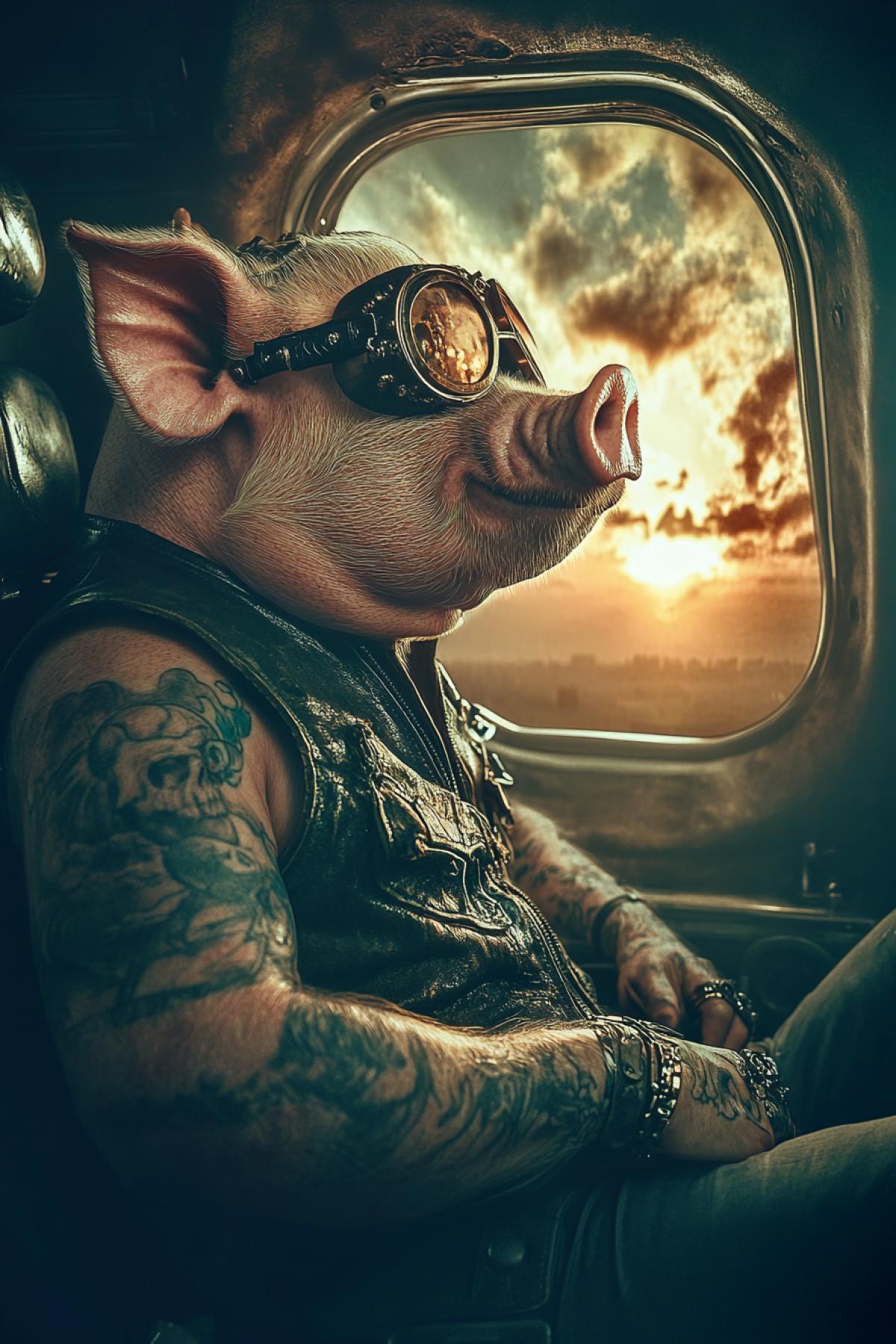 A humanized cool pig with tattoos and piercings, in a leather vest, in an airplane cabin with a rich interior, admiring the sunset through the window, cinematic evening light, high quality