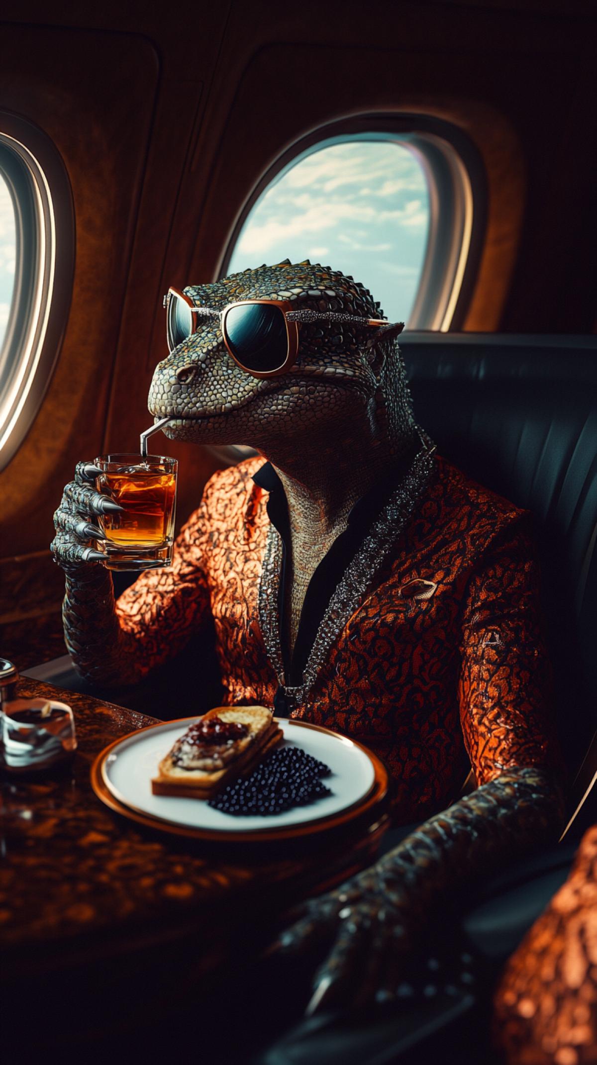 In the cabin of the plane, a humanized glamorous lizard, wearing diamonds, sunglasses, and a luxurious dress. He drinks whiskey with ice, there is a sandwich with dark caviar on the table. Porthole. Atmosphere of luxury. Cinematic frame. Hyperrealism.