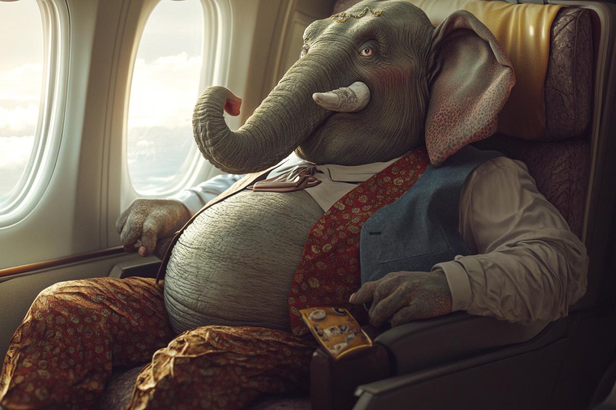 A fat glutton elephant in anthropomorphic clothes sits on an airplane lounging and pressing a thin skinny gopher of an intellectual in clothes to the window