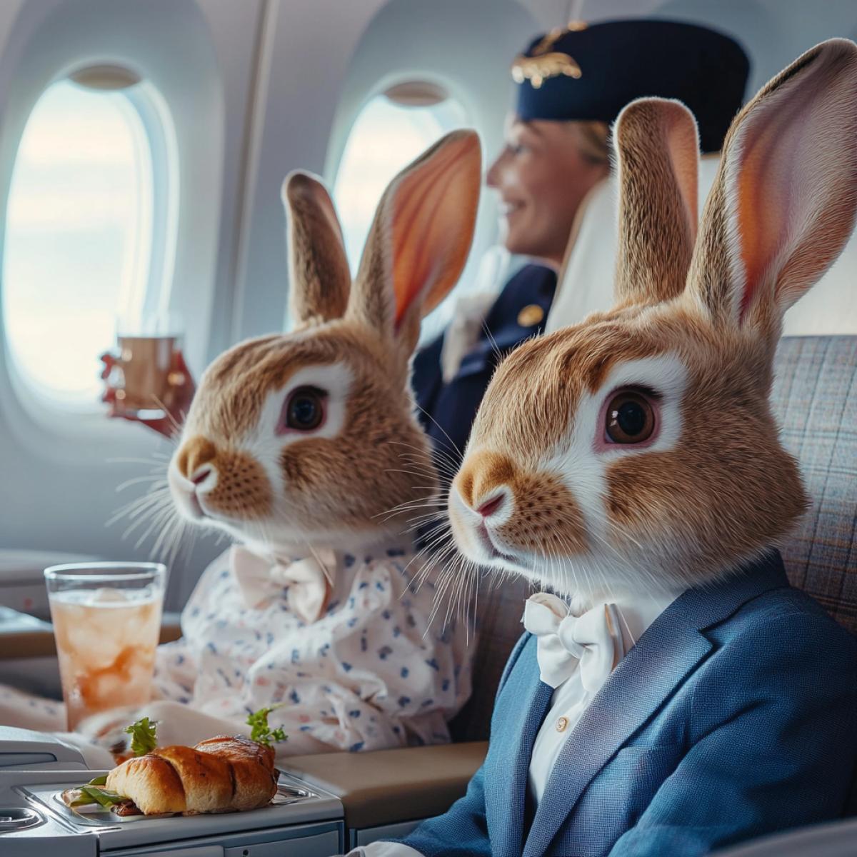 Cute bunnies in dresses and suits are sitting in the business class cabin of an airplane. Bliss. In the background there is a flight attendant with drinks. High quality photo