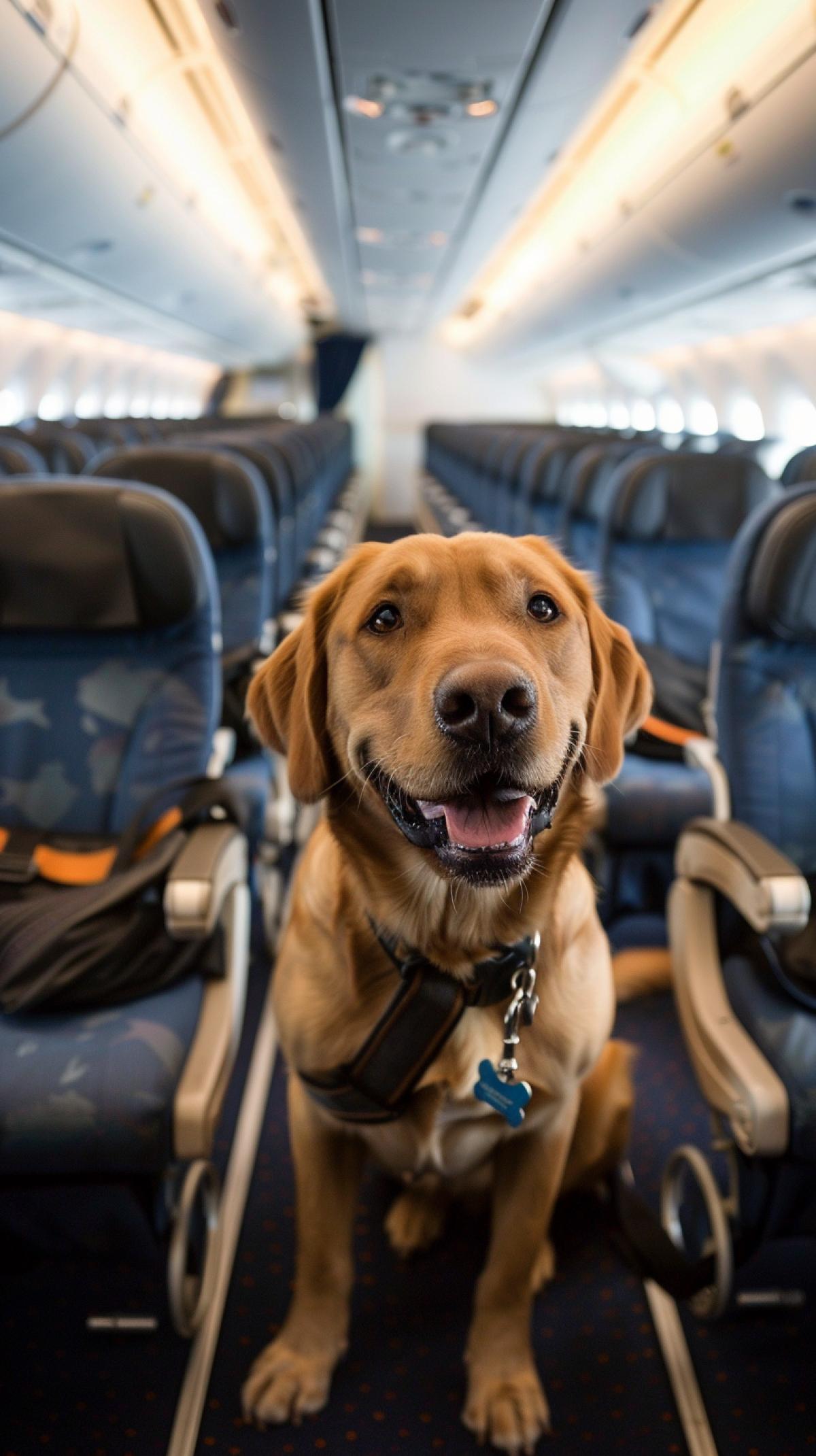 Generate rescue dogs that fly in first class on an airplane