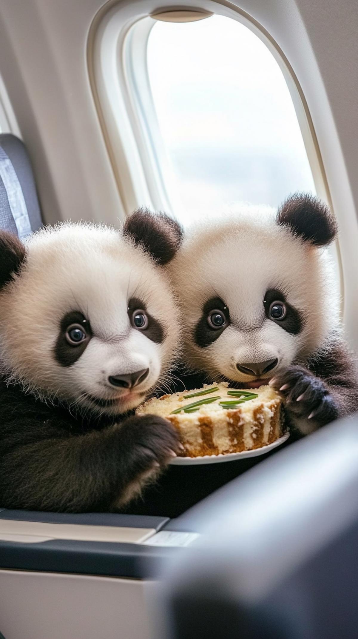 Cute and adorable panda cubs in the airplane cabin, humanization. Eating bamboo cake. Holiday mood