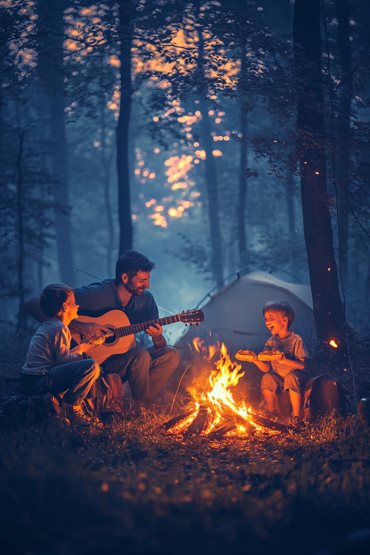 A family with three children sits in the forest around a fire in the evening. A man plays the guitar, children happily chew bread toasted over a fire. There is a tent in the background. There is a river nearby and a fishing rod is thrown into it. Evening